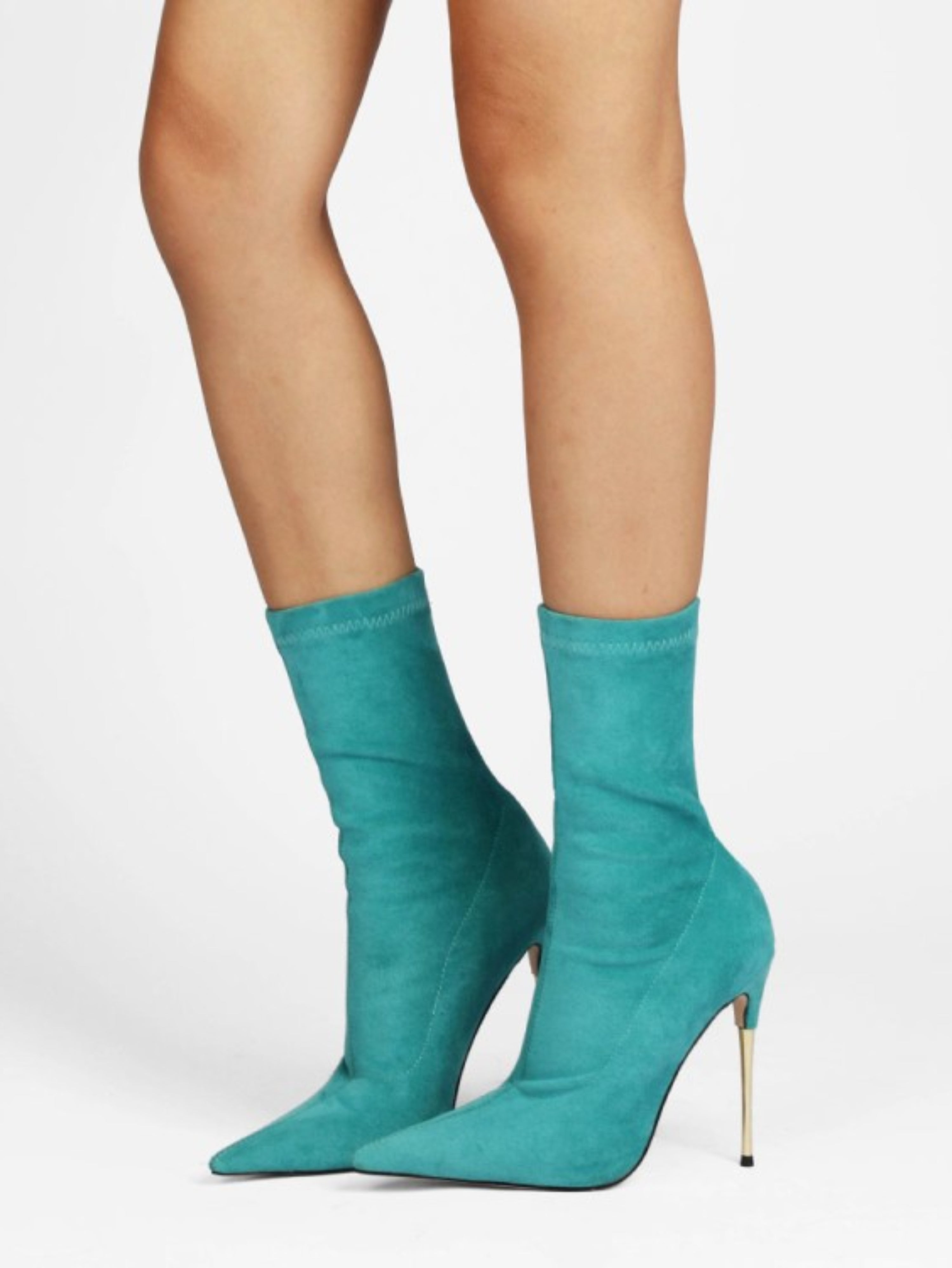 Turquoise Pointed Toe Mid-Calf Sock Boots with Stiletto Heels
