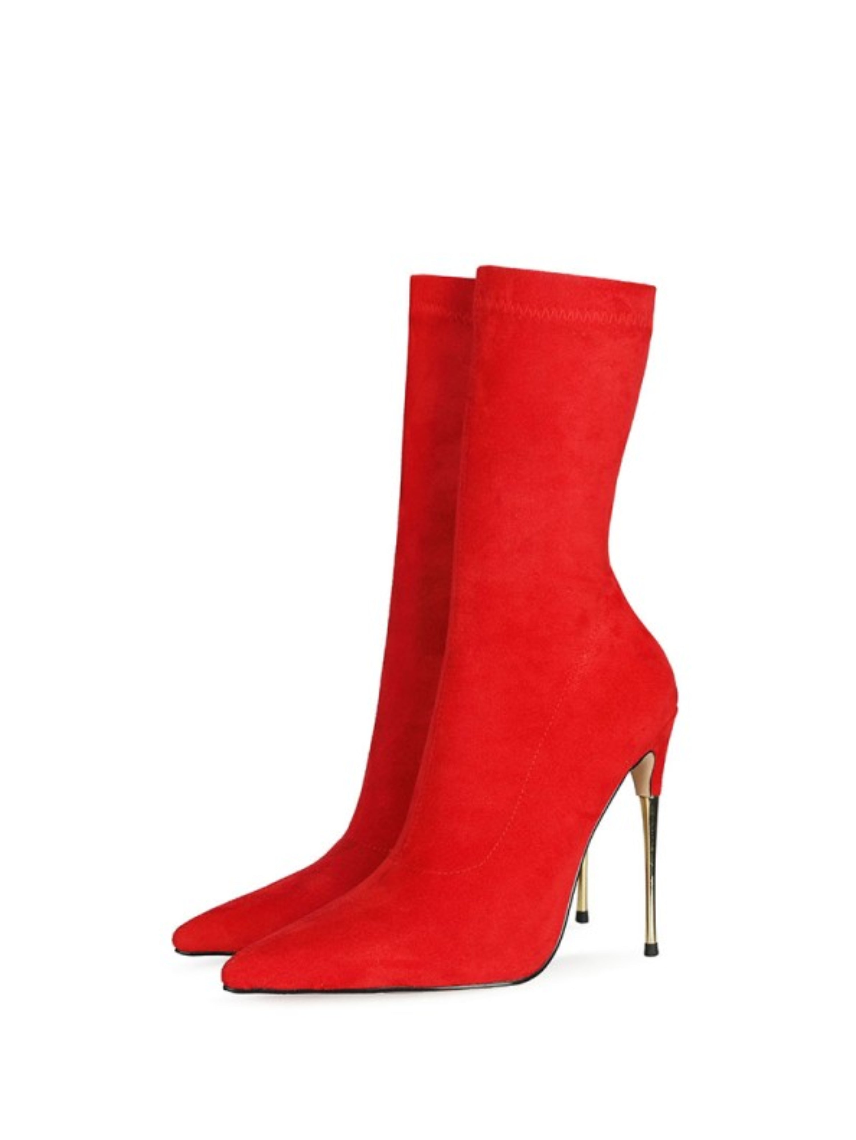 Elegant Red Faux Suede Sock Mid-Calf Boots with High Heels