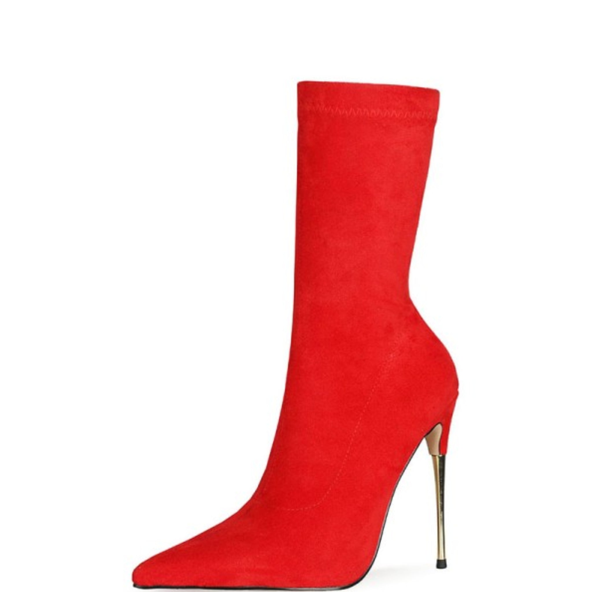 Elegant Red Faux Suede Sock Mid-Calf Boots with High Heels