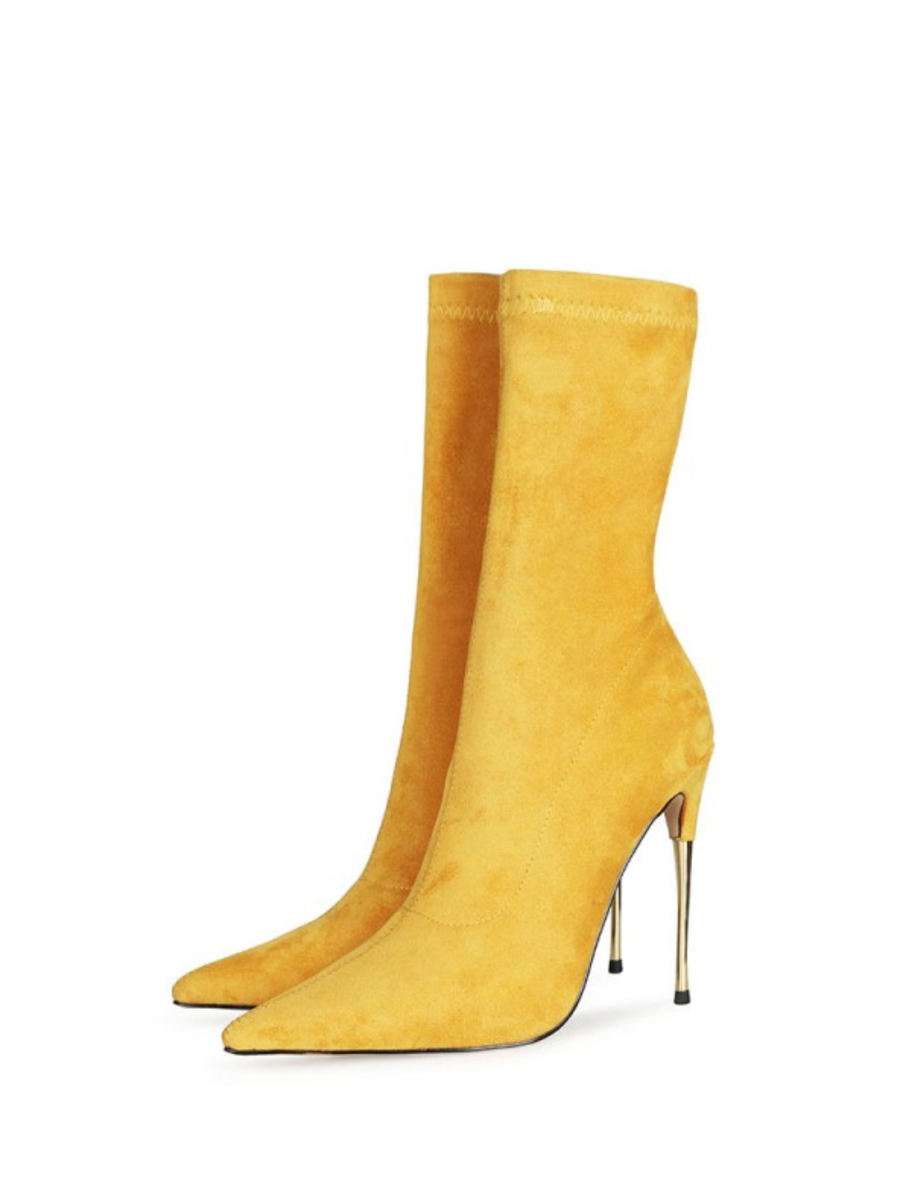Women's Yellow Pointed Toe High Heel Mid-Calf Sock Boots