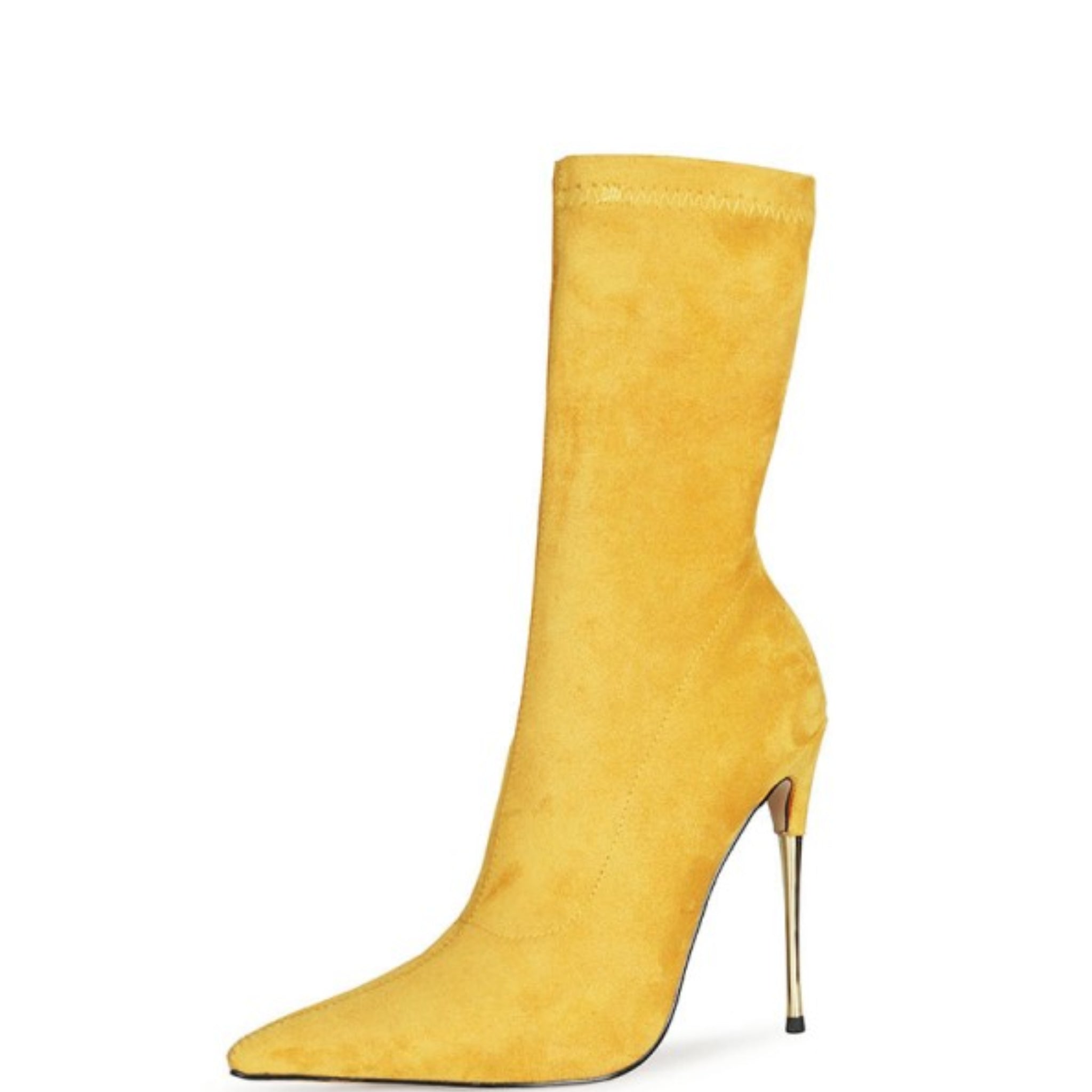 Women's Yellow Pointed Toe High Heel Mid-Calf Sock Boots