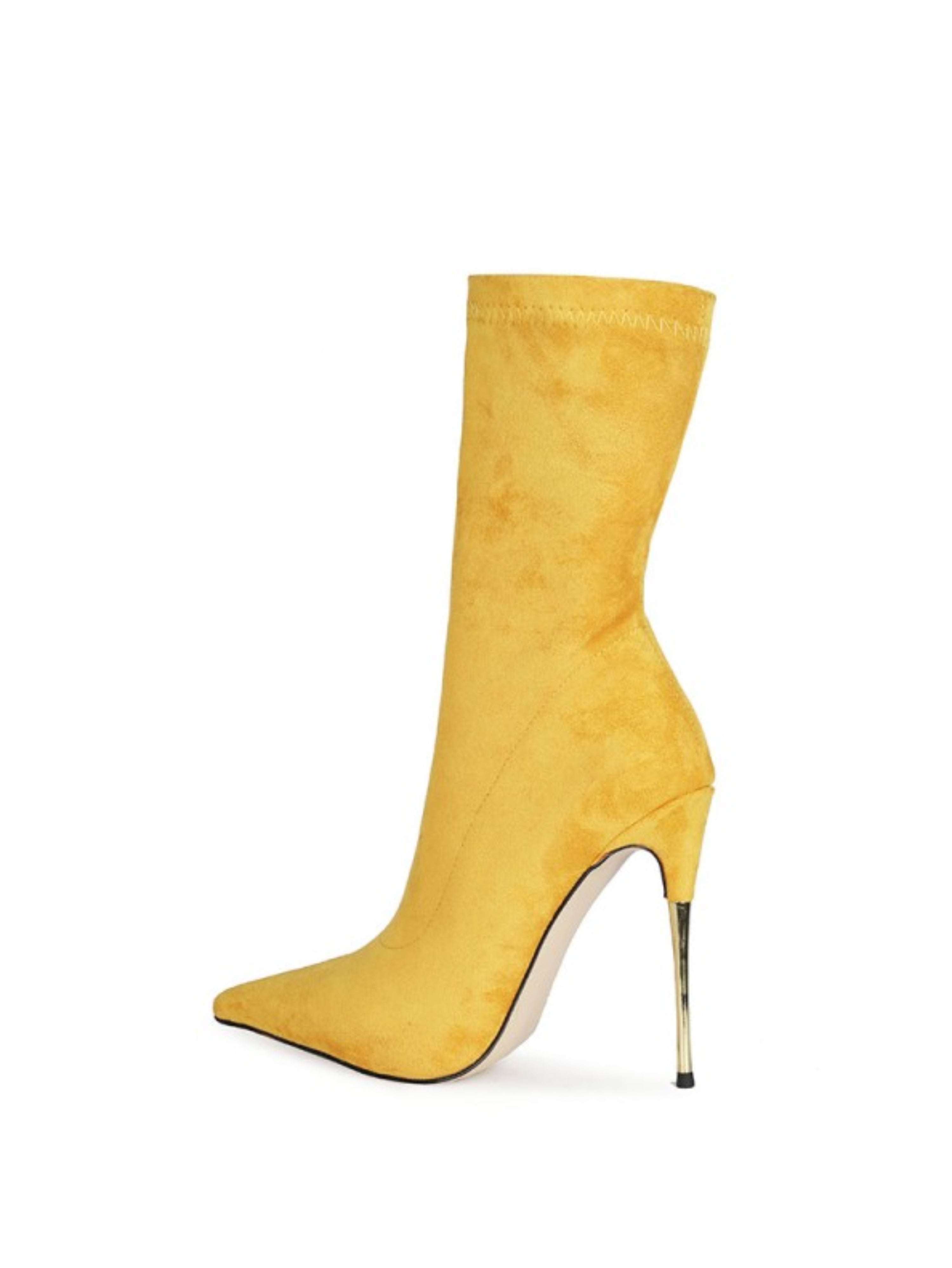 Women's Yellow Pointed Toe High Heel Mid-Calf Sock Boots
