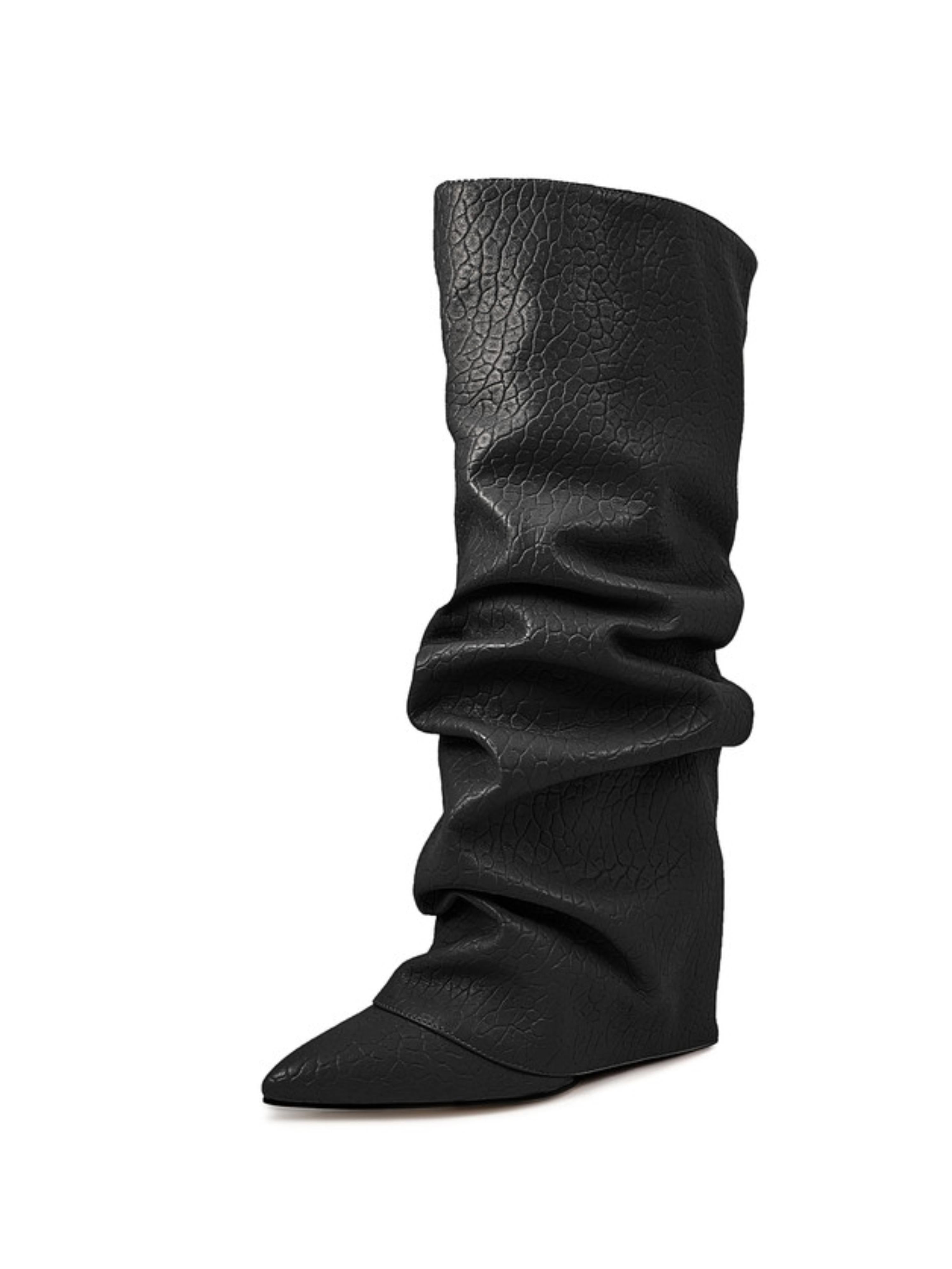 Black Slouchy High-Heel Mid-Calf Boots for Women