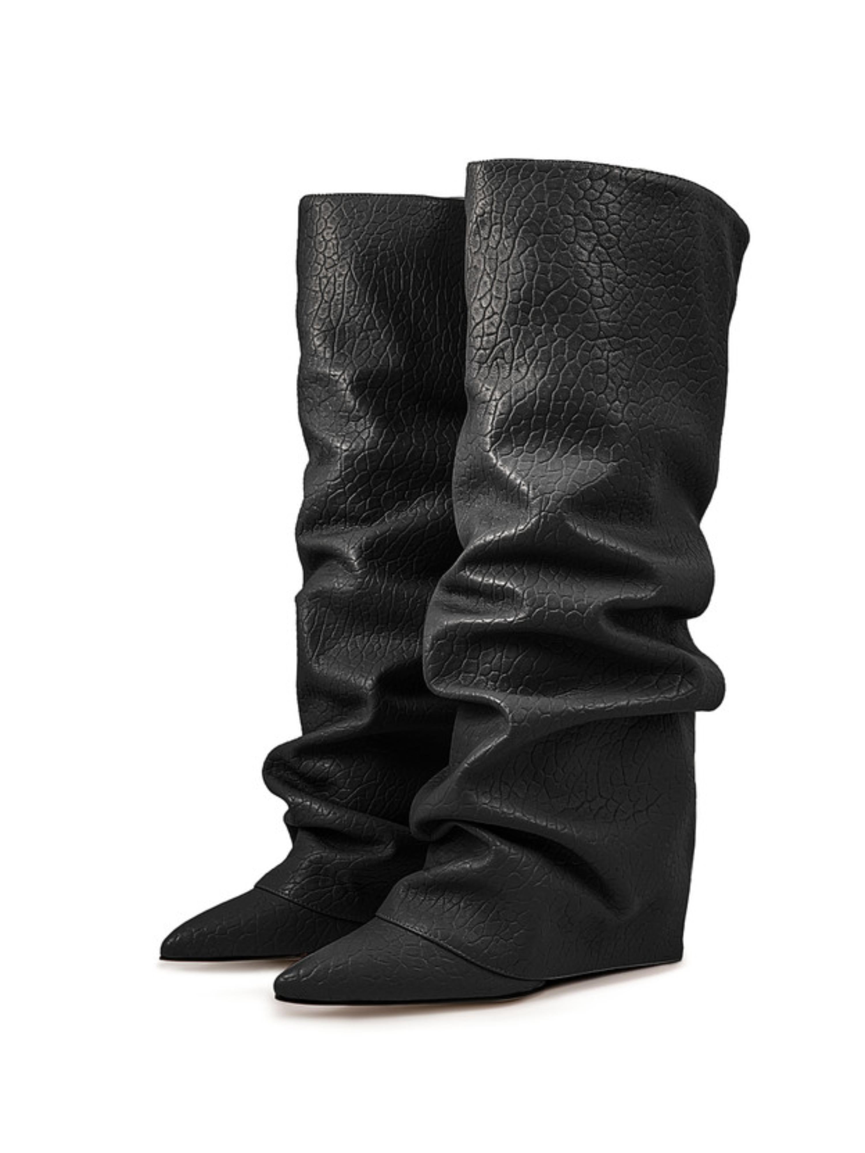 Black Slouchy High-Heel Mid-Calf Boots for Women