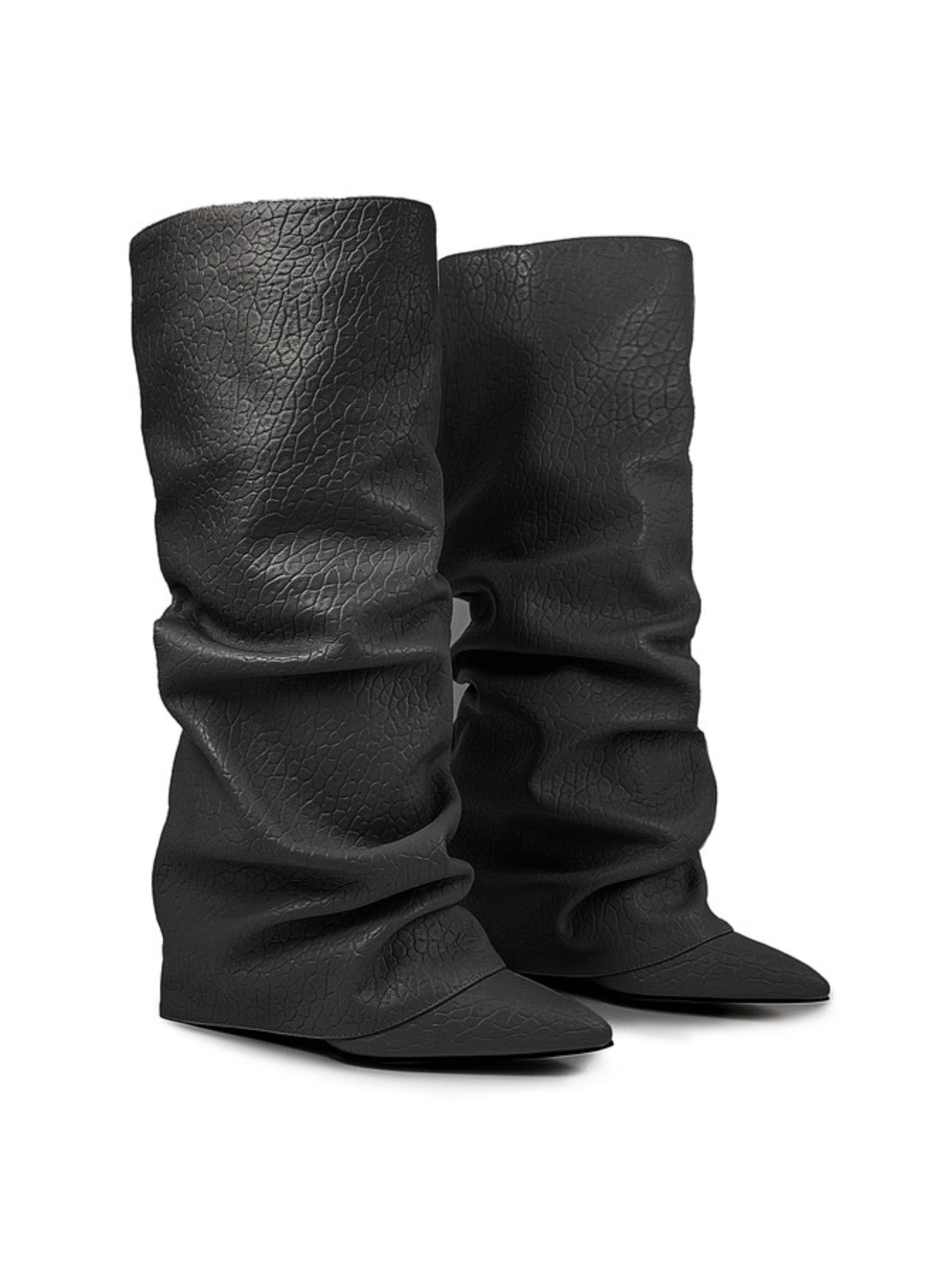 Black Slouchy High-Heel Mid-Calf Boots for Women