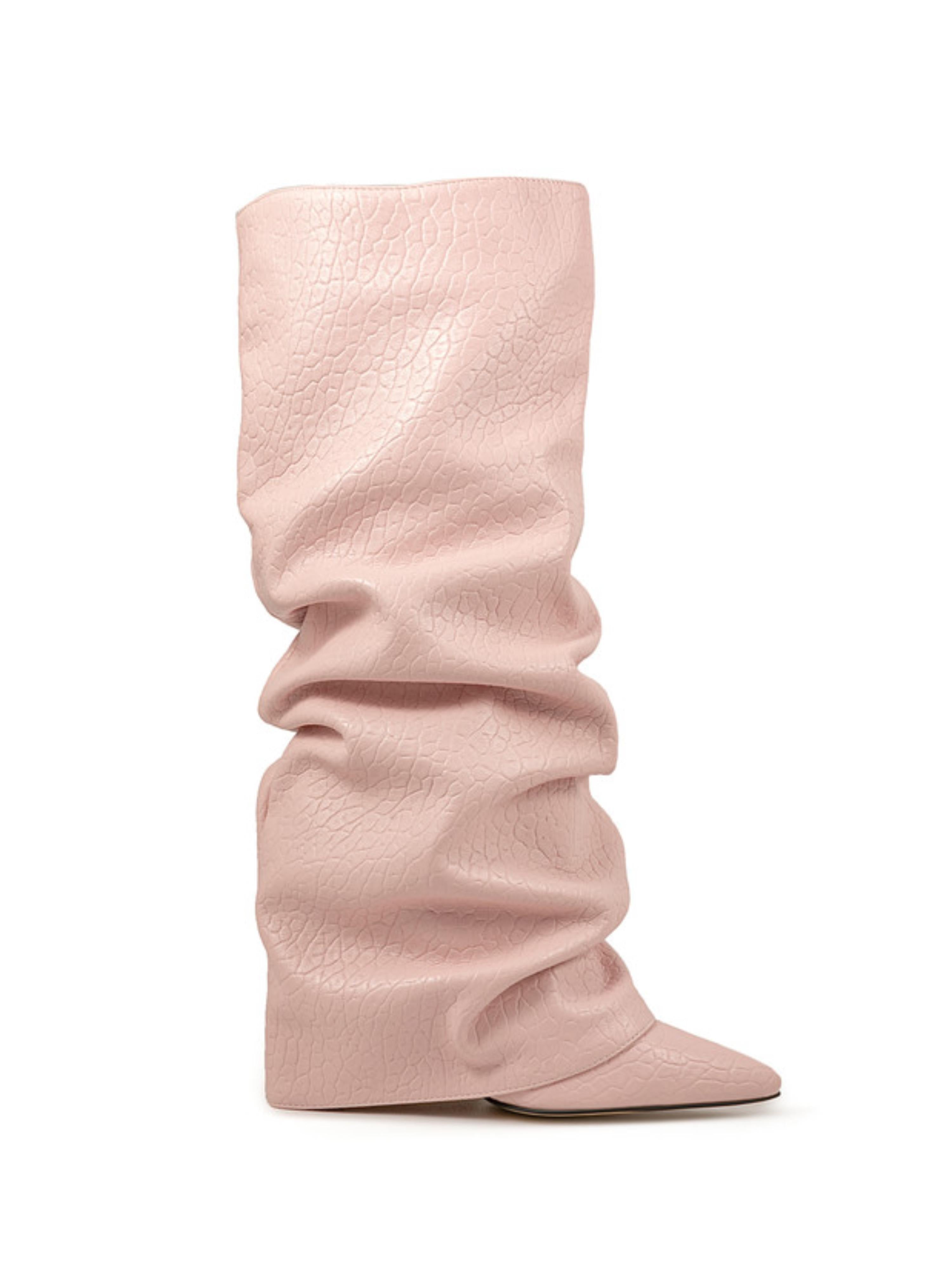 Soft Pink Slouchy Wedge Mid-Calf Boots for Women