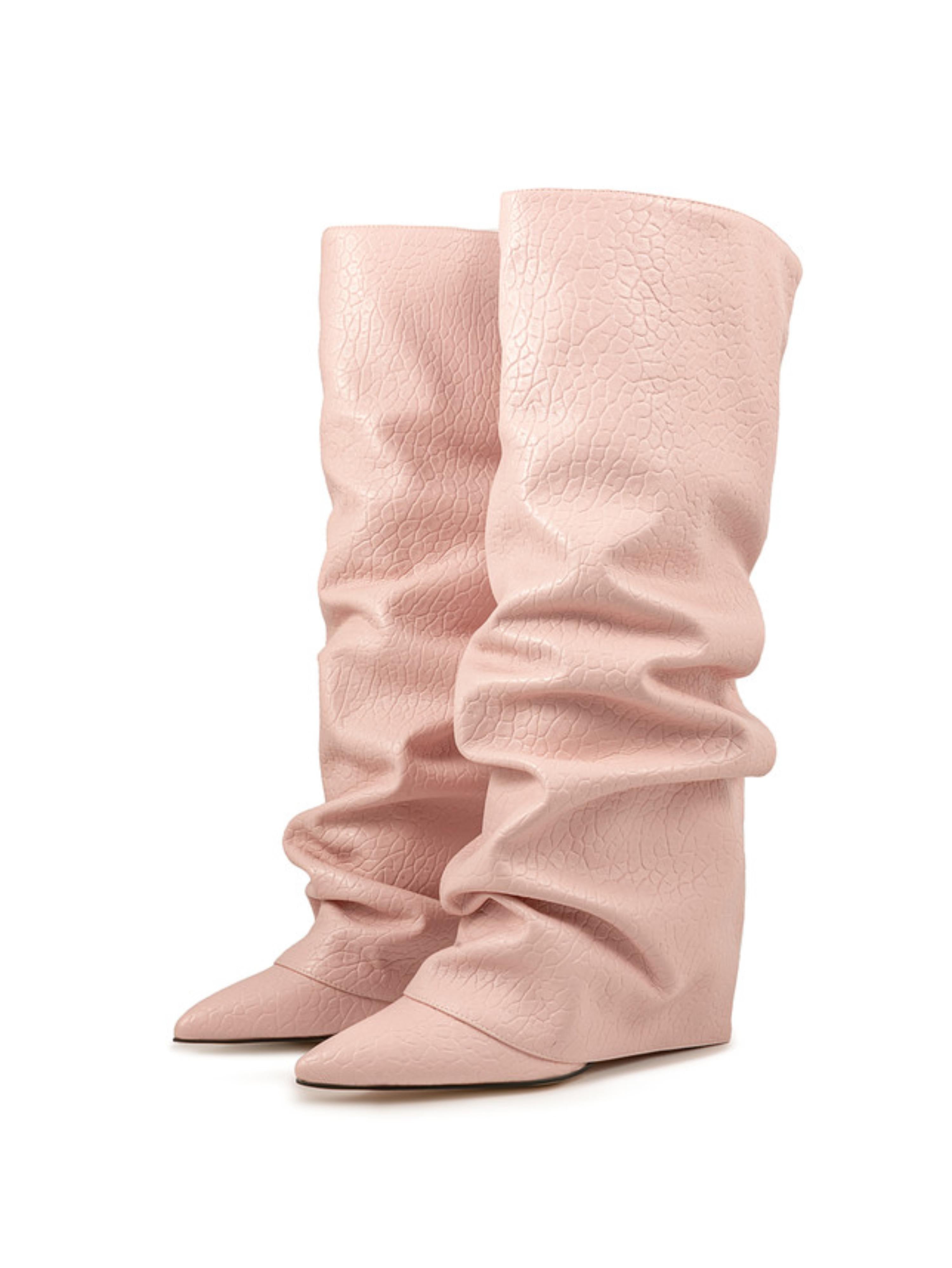 Soft Pink Slouchy Wedge Mid-Calf Boots for Women