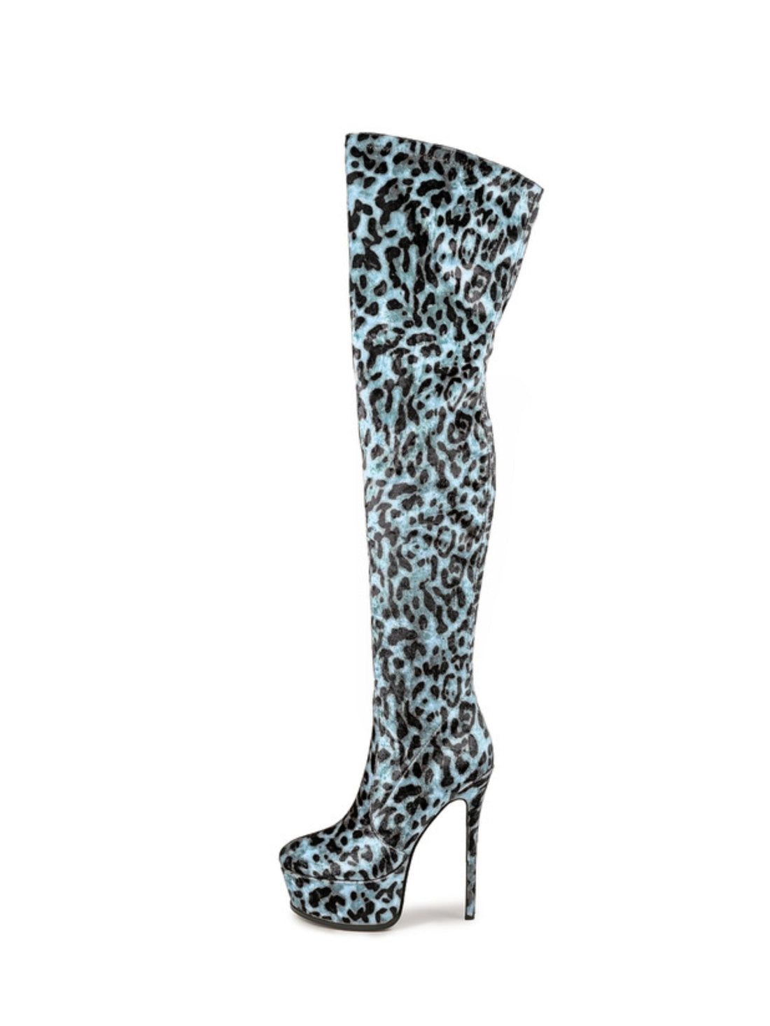 Blue Round Toe Women's High Heel Thigh-High Boots