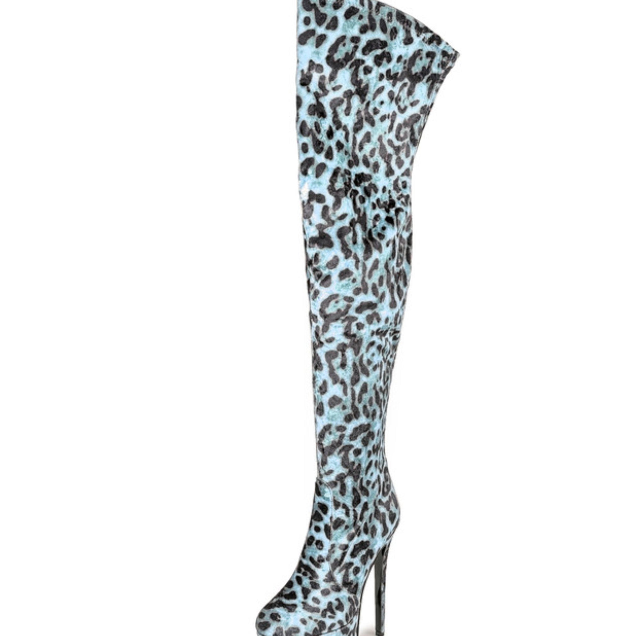 Blue Round Toe Women's High Heel Thigh-High Boots