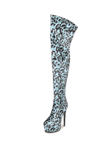 Blue Round Toe Women's High Heel Thigh-High Boots