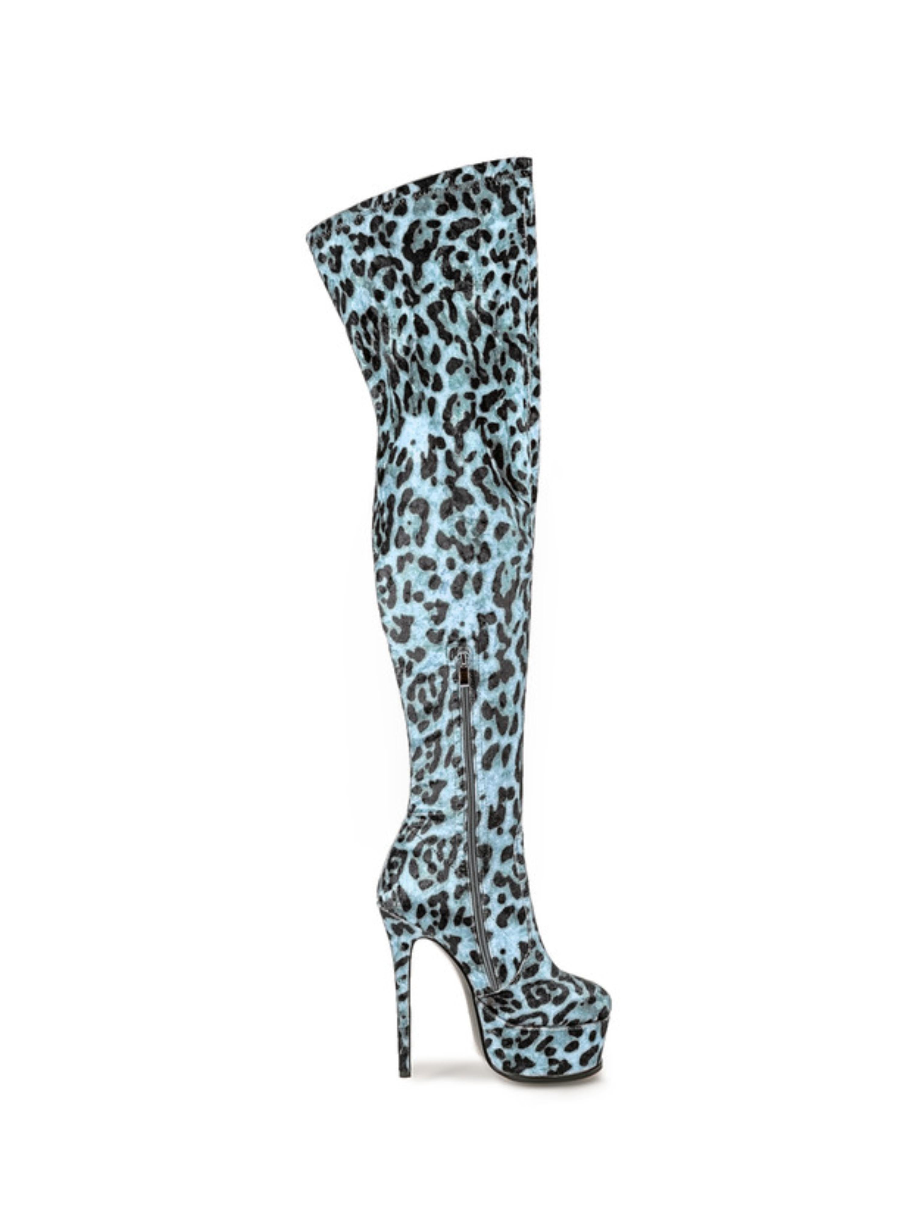 Blue Round Toe Women's High Heel Thigh-High Boots