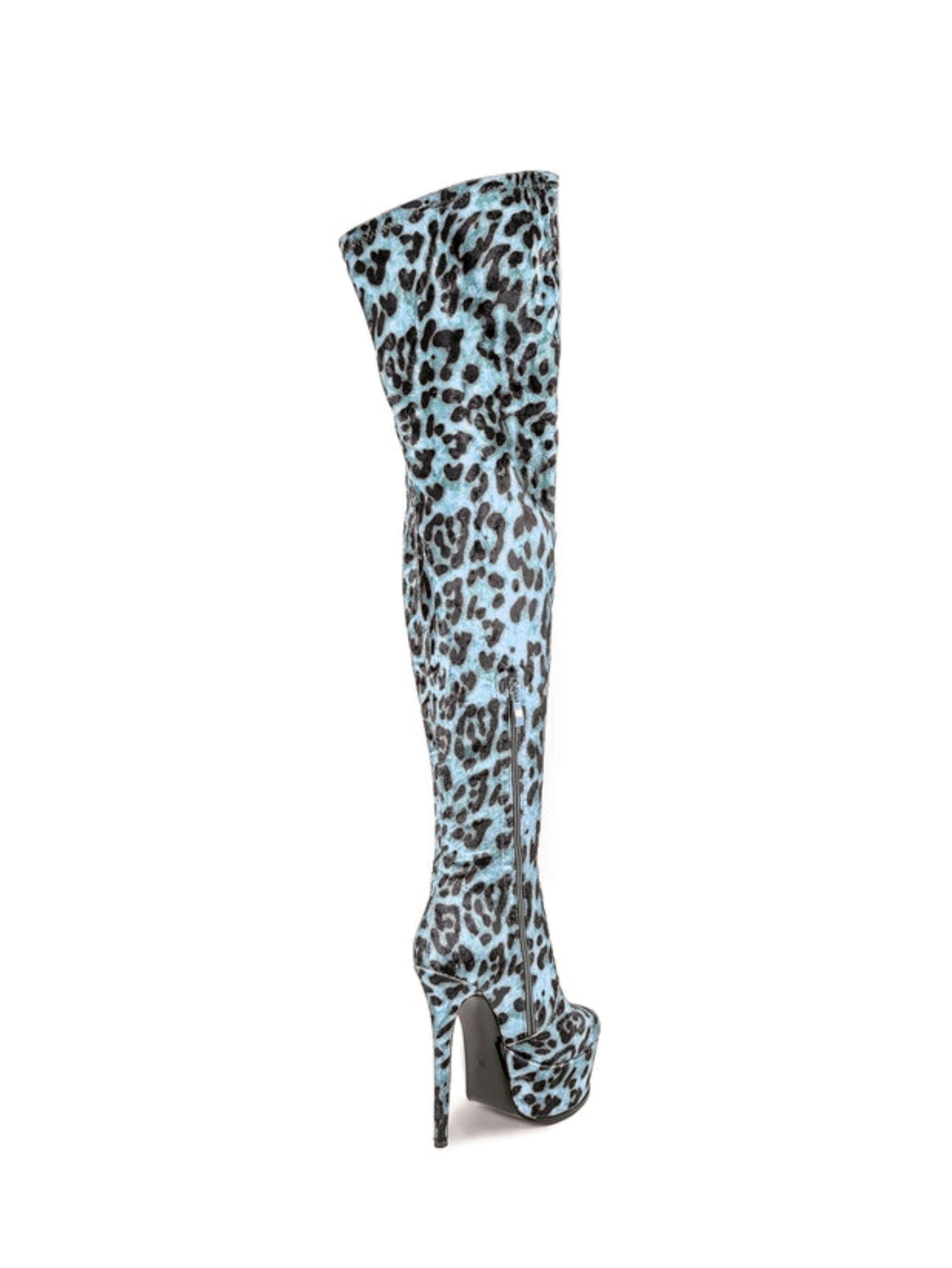 Blue Round Toe Women's High Heel Thigh-High Boots
