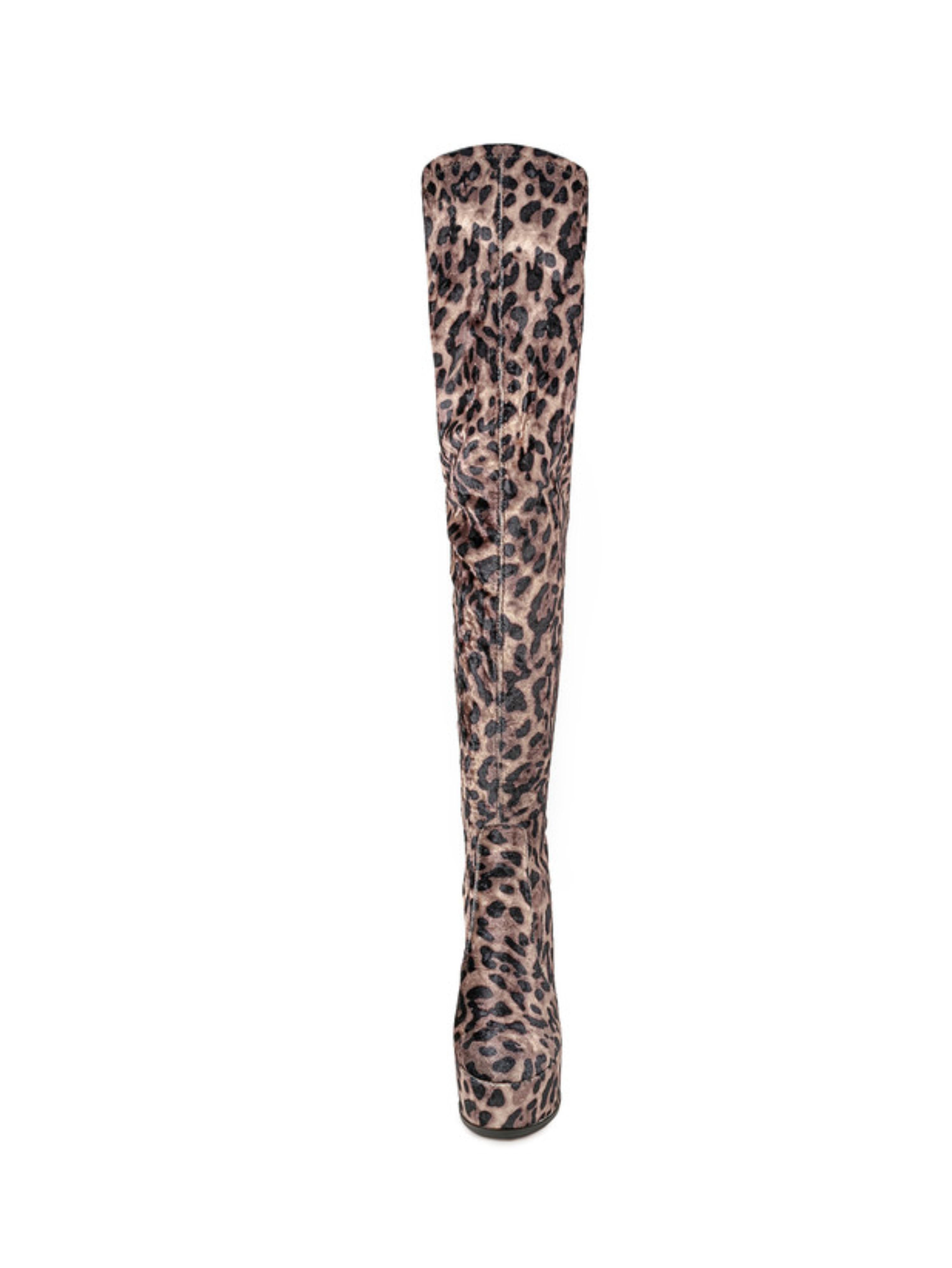 Brown Leopard Over-The-Knee Platform Boots for Women