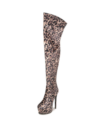 Brown Leopard Over-The-Knee Platform Boots for Women
