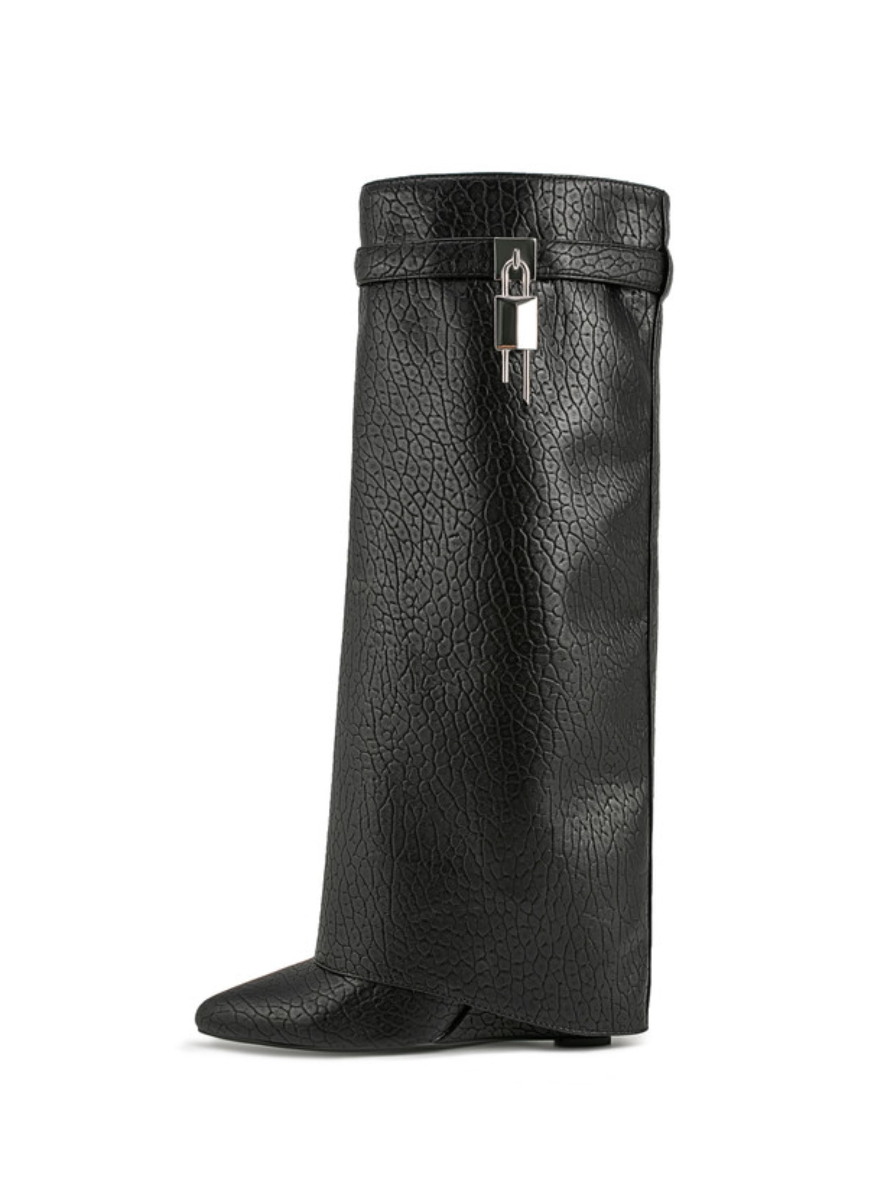 Black Croc-Embossed Fold Over Tall Boots Women