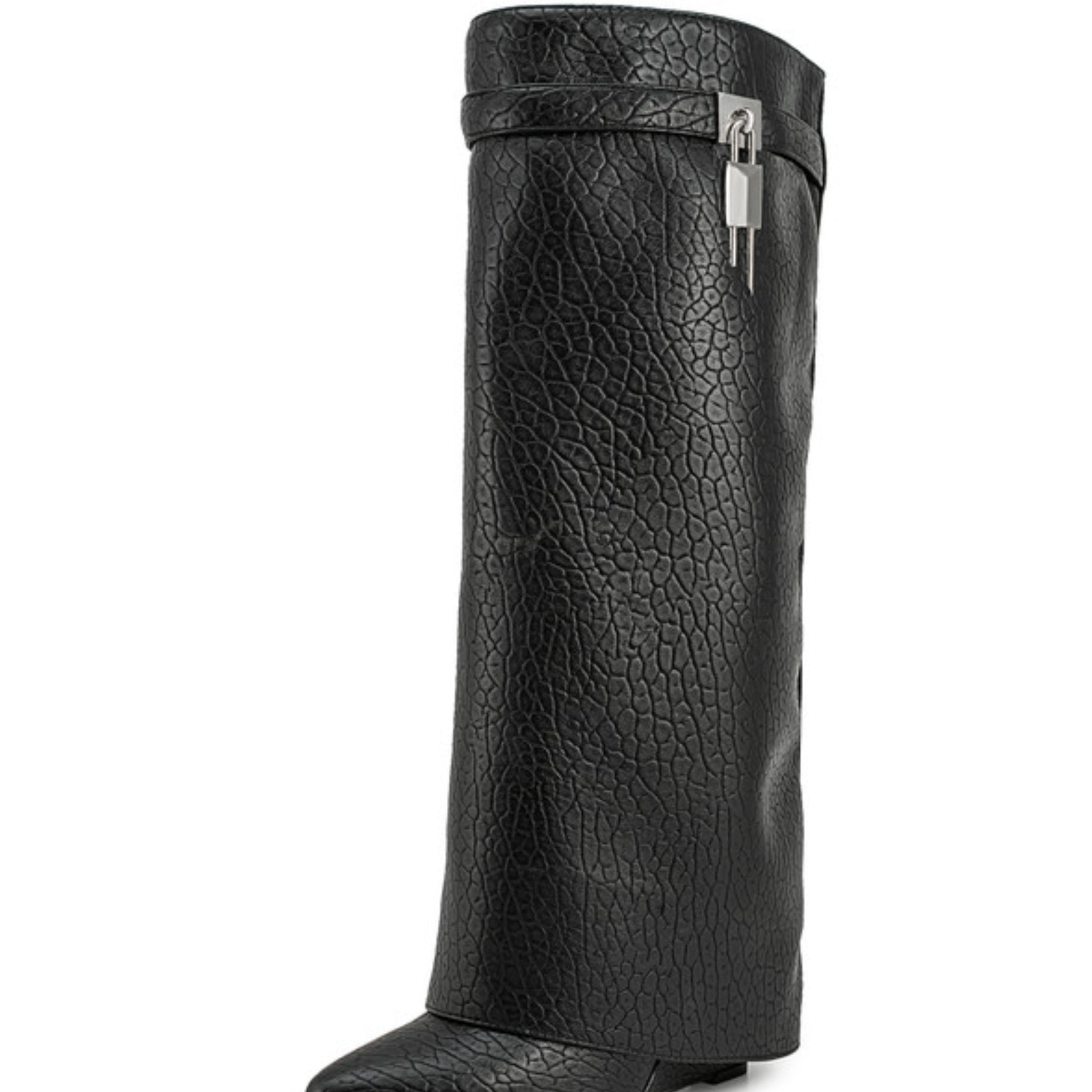 Black Croc-Embossed Fold Over Tall Boots Women