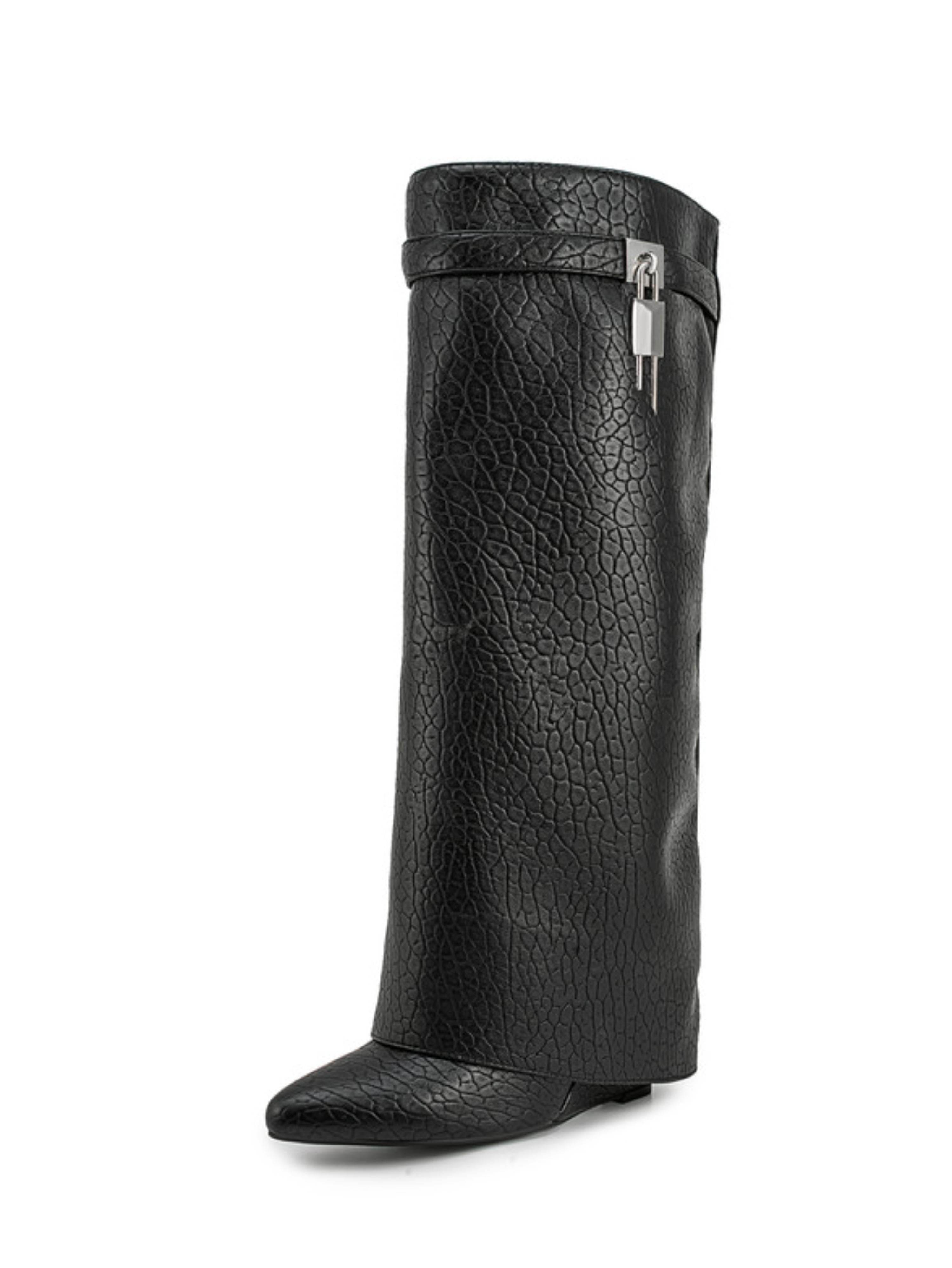Black Croc-Embossed Fold Over Tall Boots Women