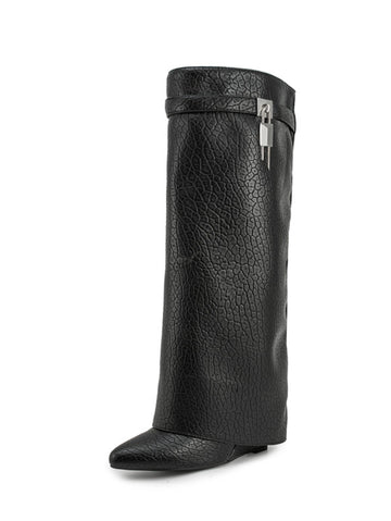 Black Croc-Embossed Fold Over Tall Boots Women