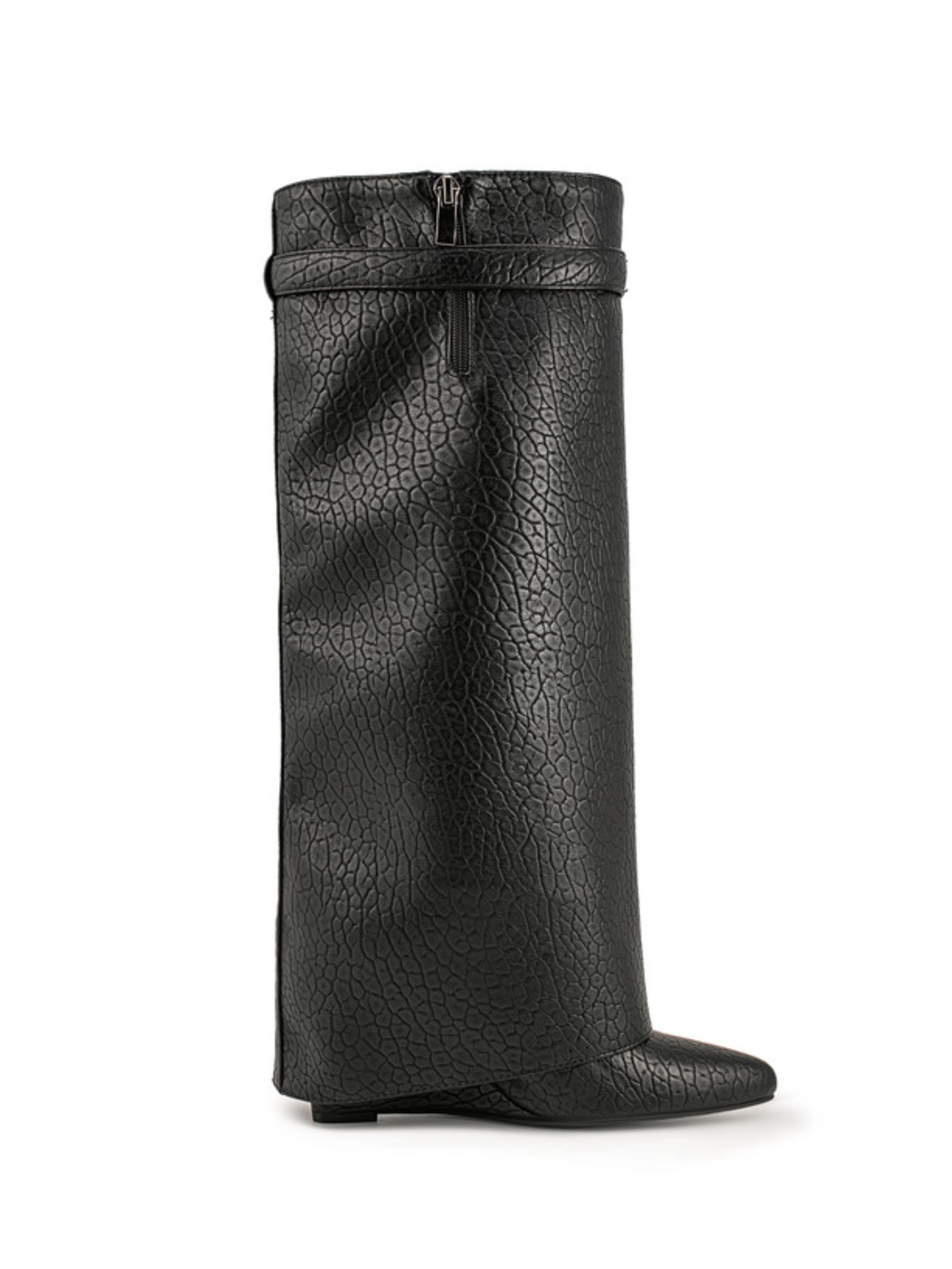 Black Croc-Embossed Fold Over Tall Boots Women