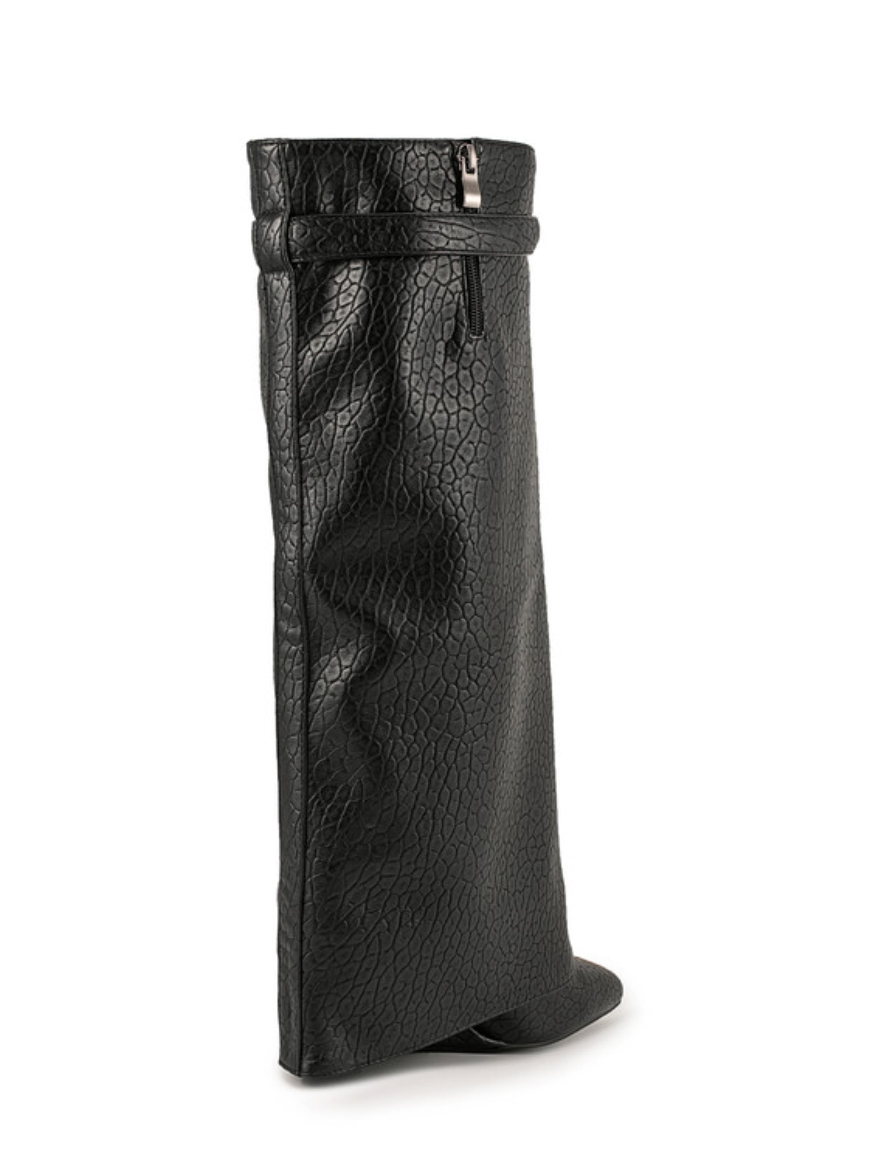 Black Croc-Embossed Fold Over Tall Boots Women