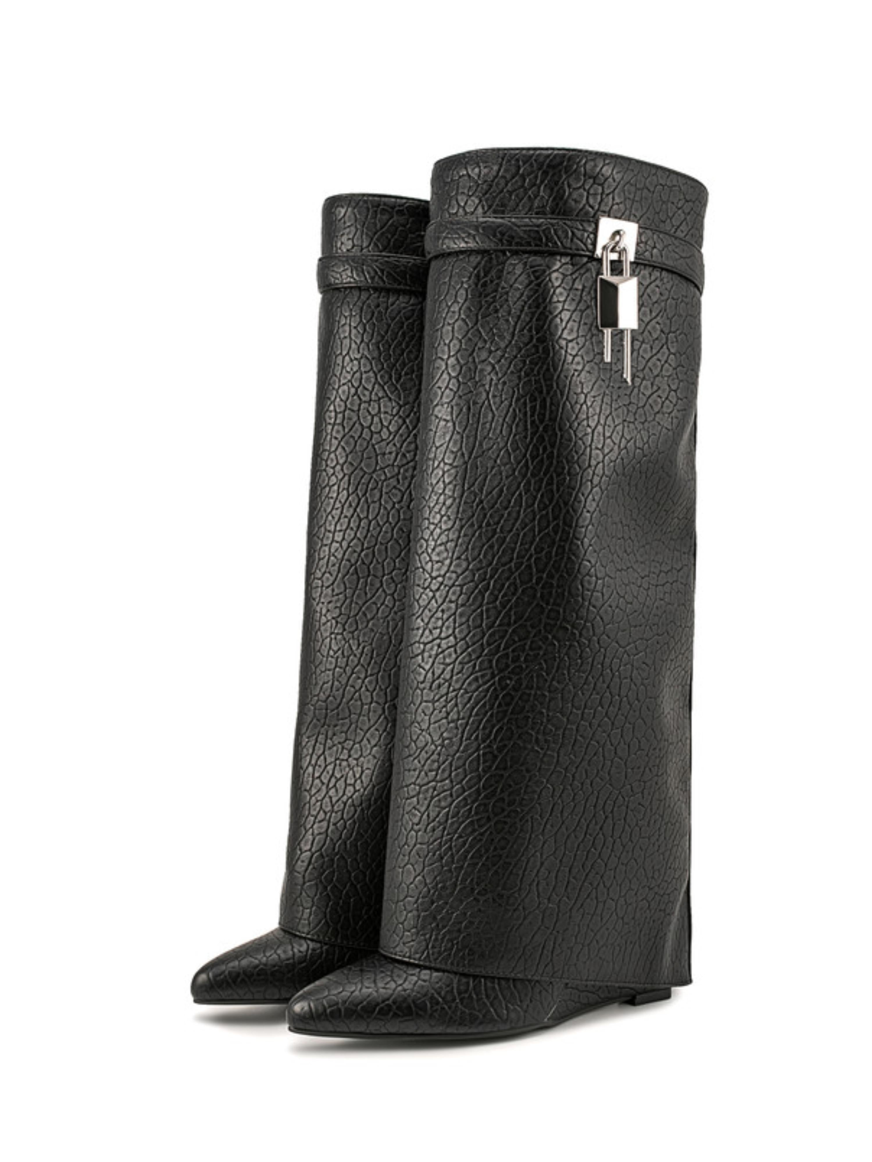 Black Croc-Embossed Fold Over Tall Boots Women