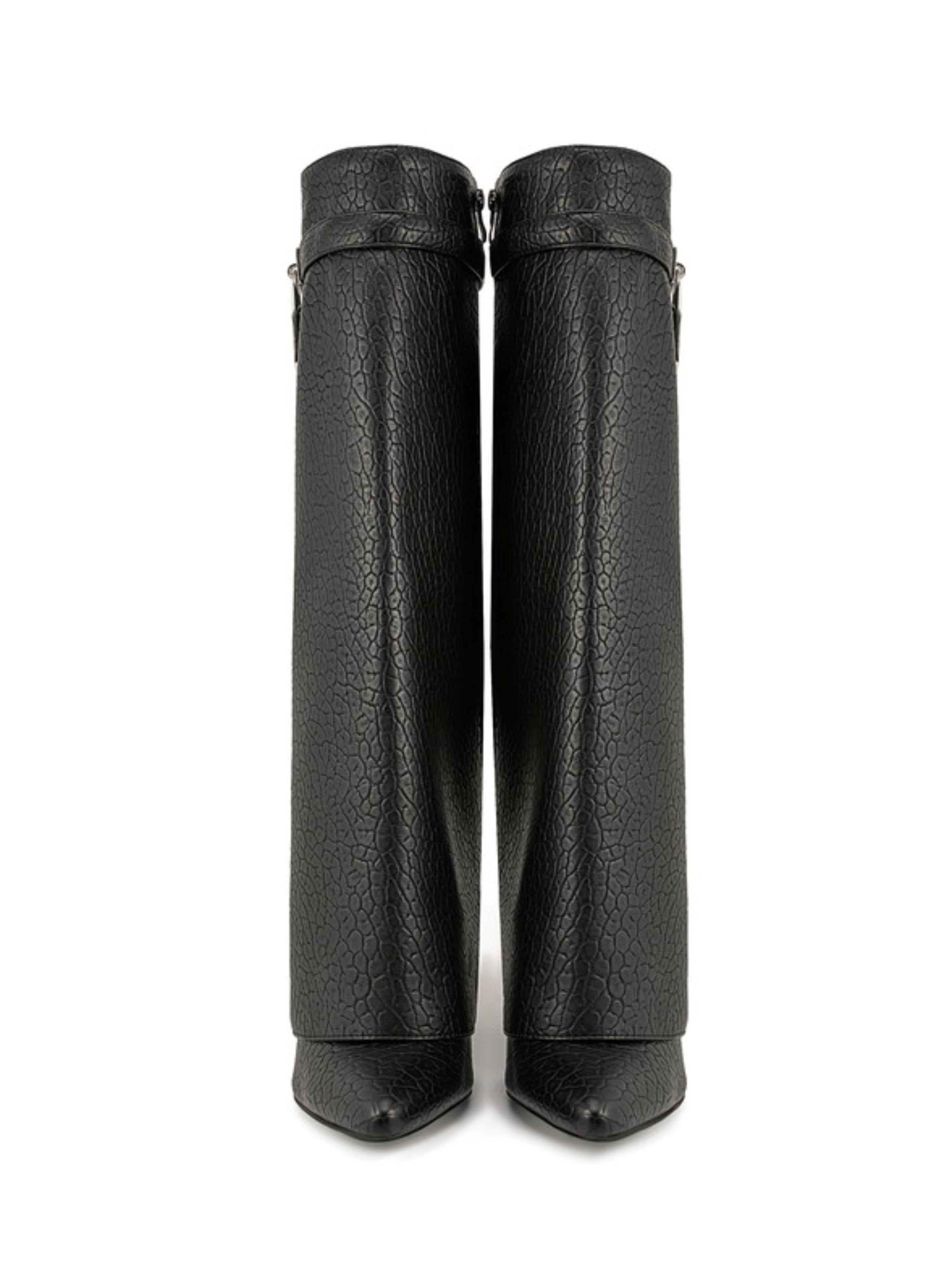 Black Croc-Embossed Fold Over Tall Boots Women