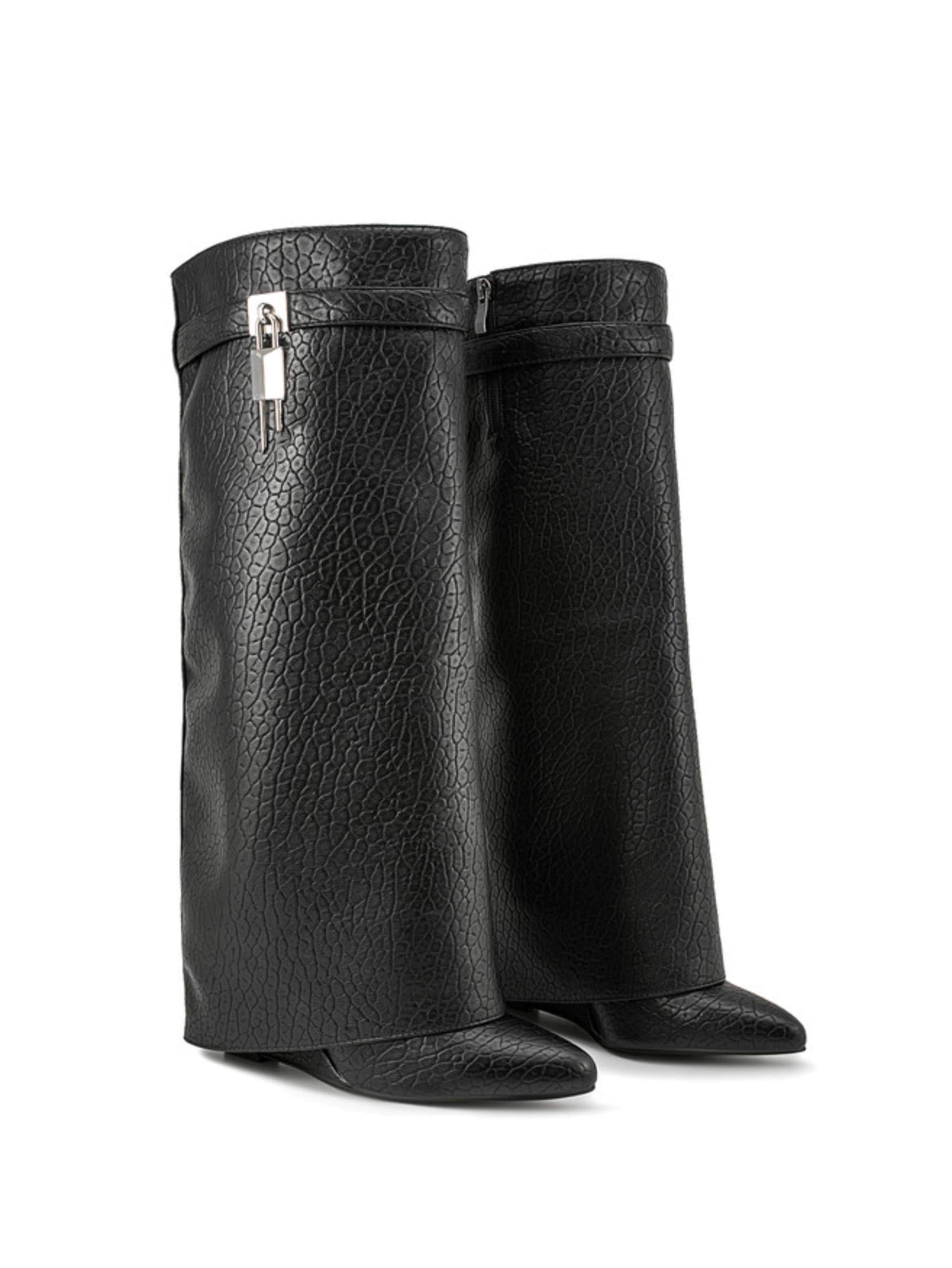 Black Croc-Embossed Fold Over Tall Boots Women