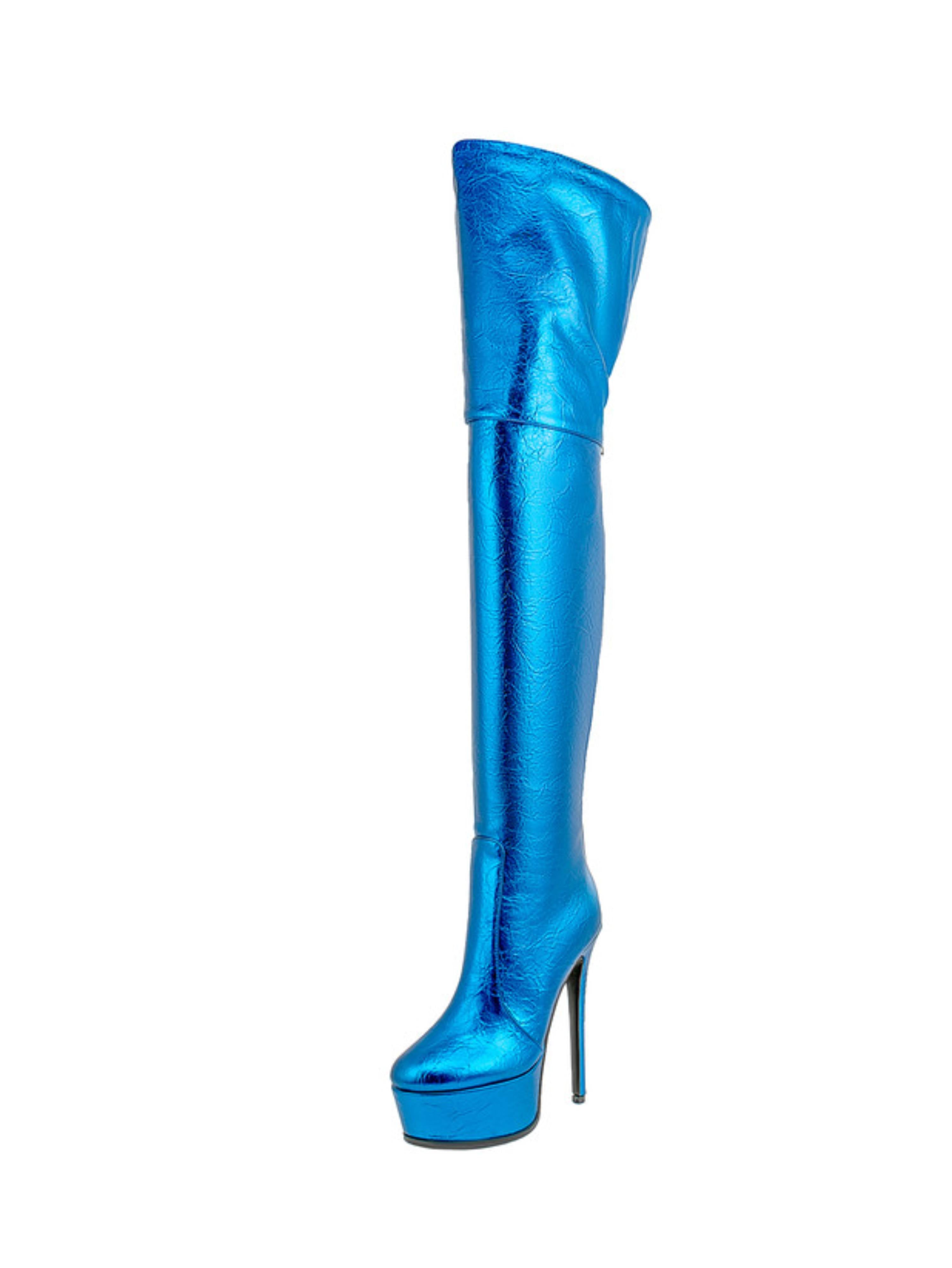 Sky Blue Metallic Platform Thigh-High Boots