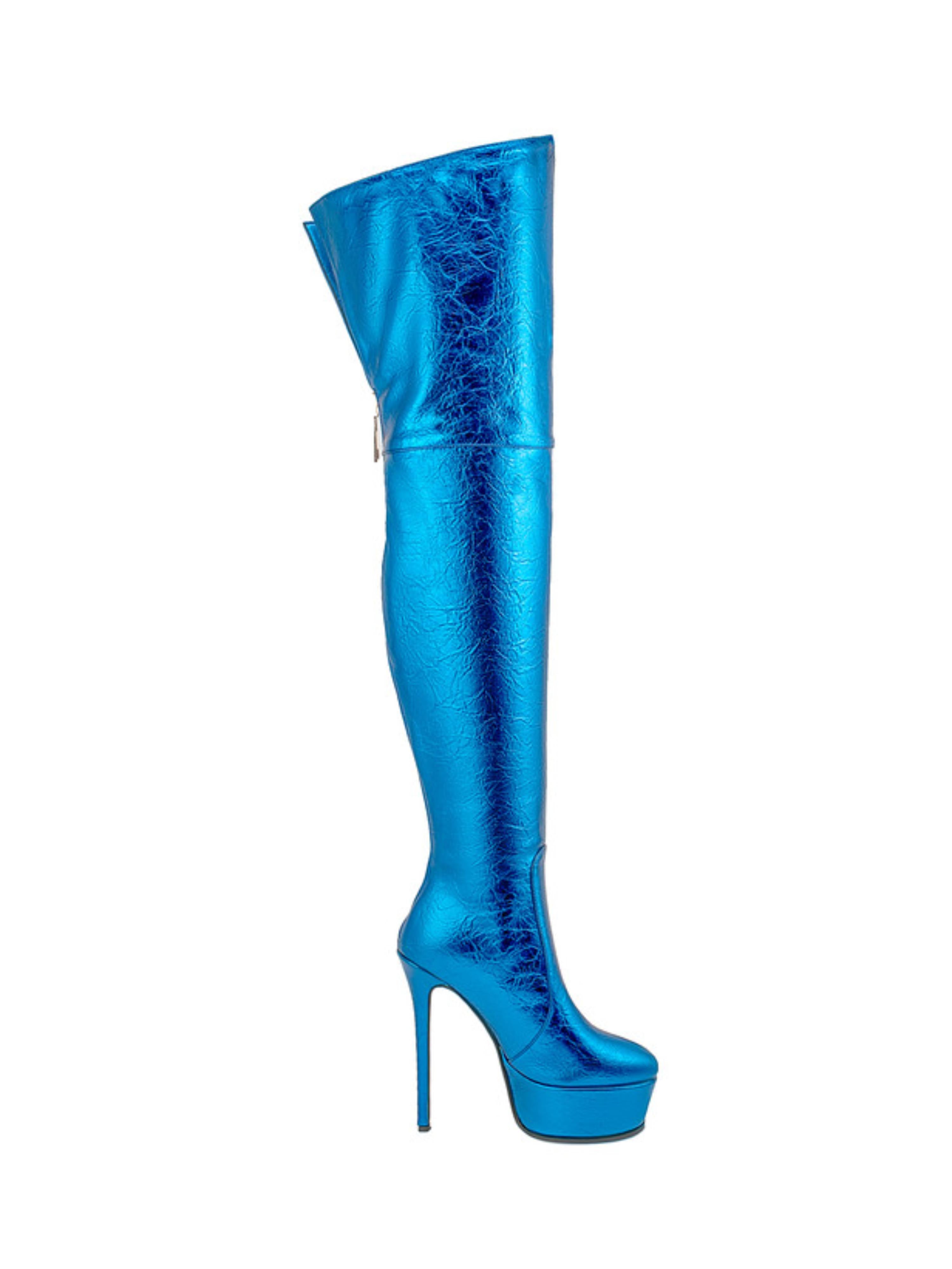 Sky Blue Metallic Platform Thigh-High Boots