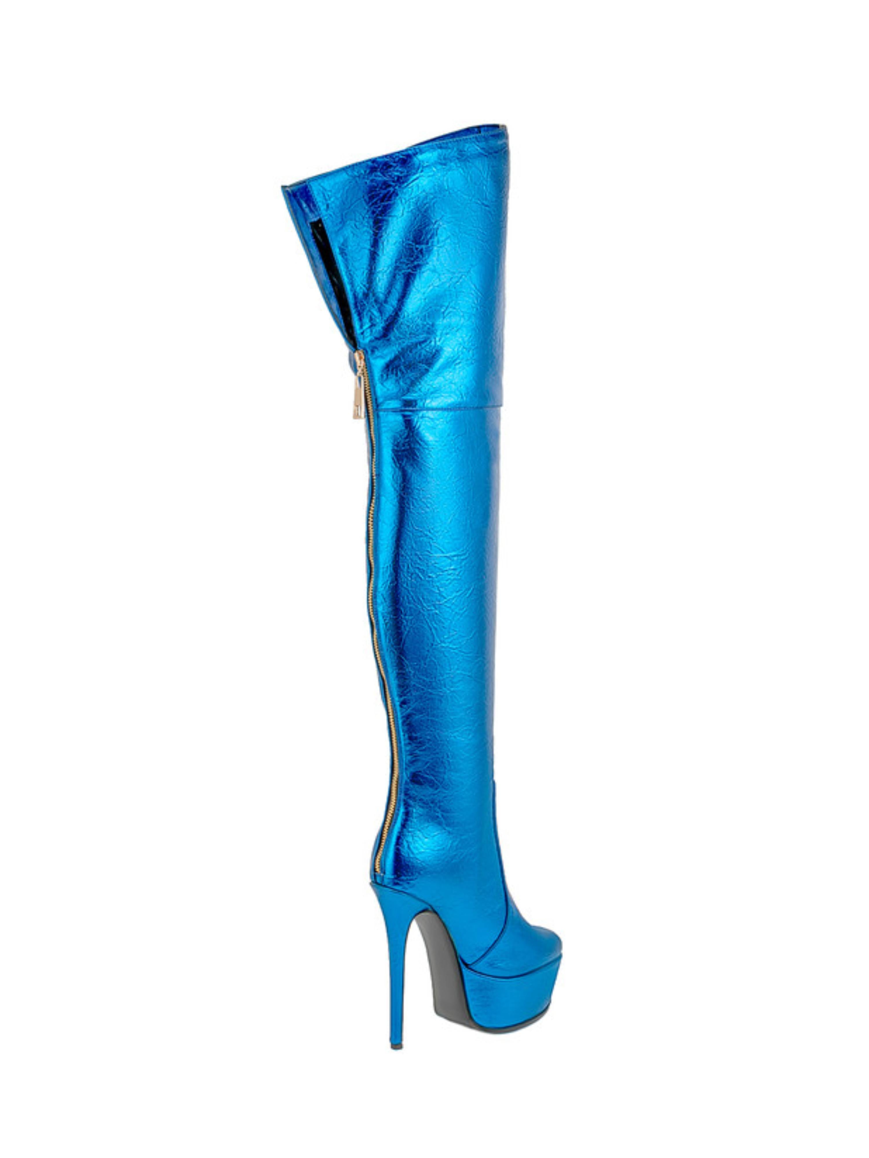 Sky Blue Metallic Platform Thigh-High Boots