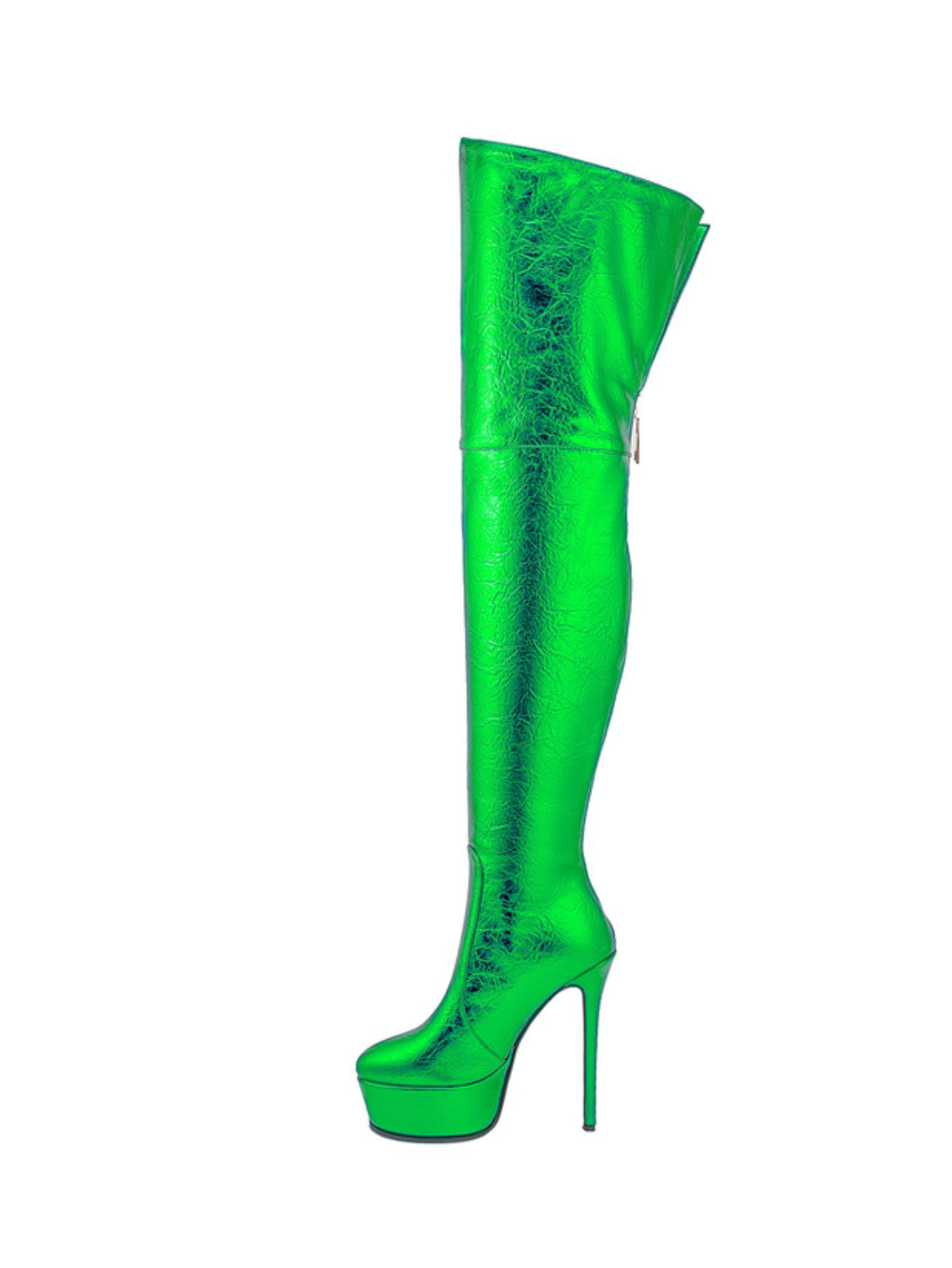 Metallic Green Platform High Heel Over-The-Knee Boots