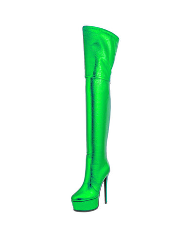 Metallic Green Platform High Heel Over-The-Knee Boots