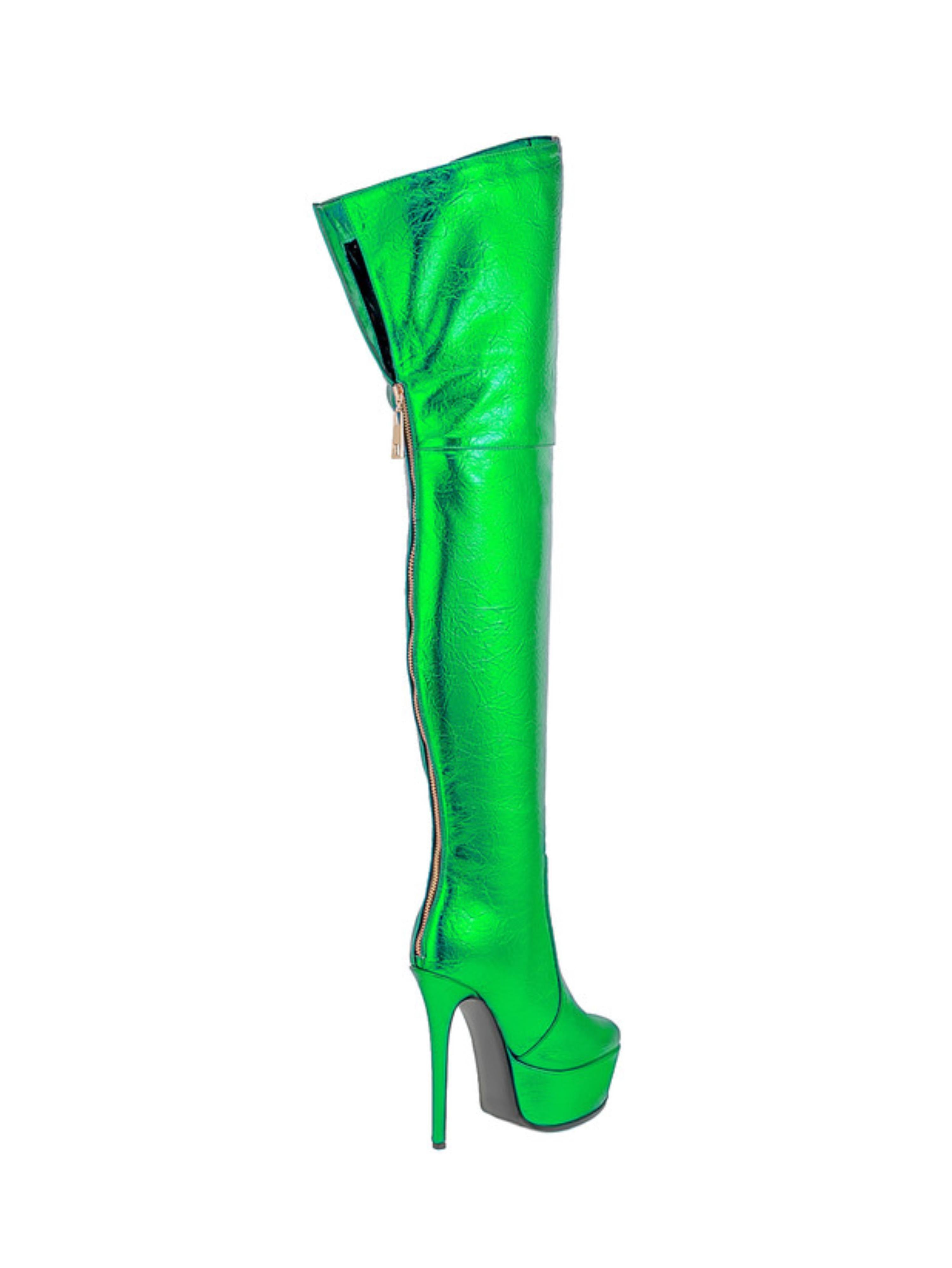 Metallic Green Platform High Heel Over-The-Knee Boots