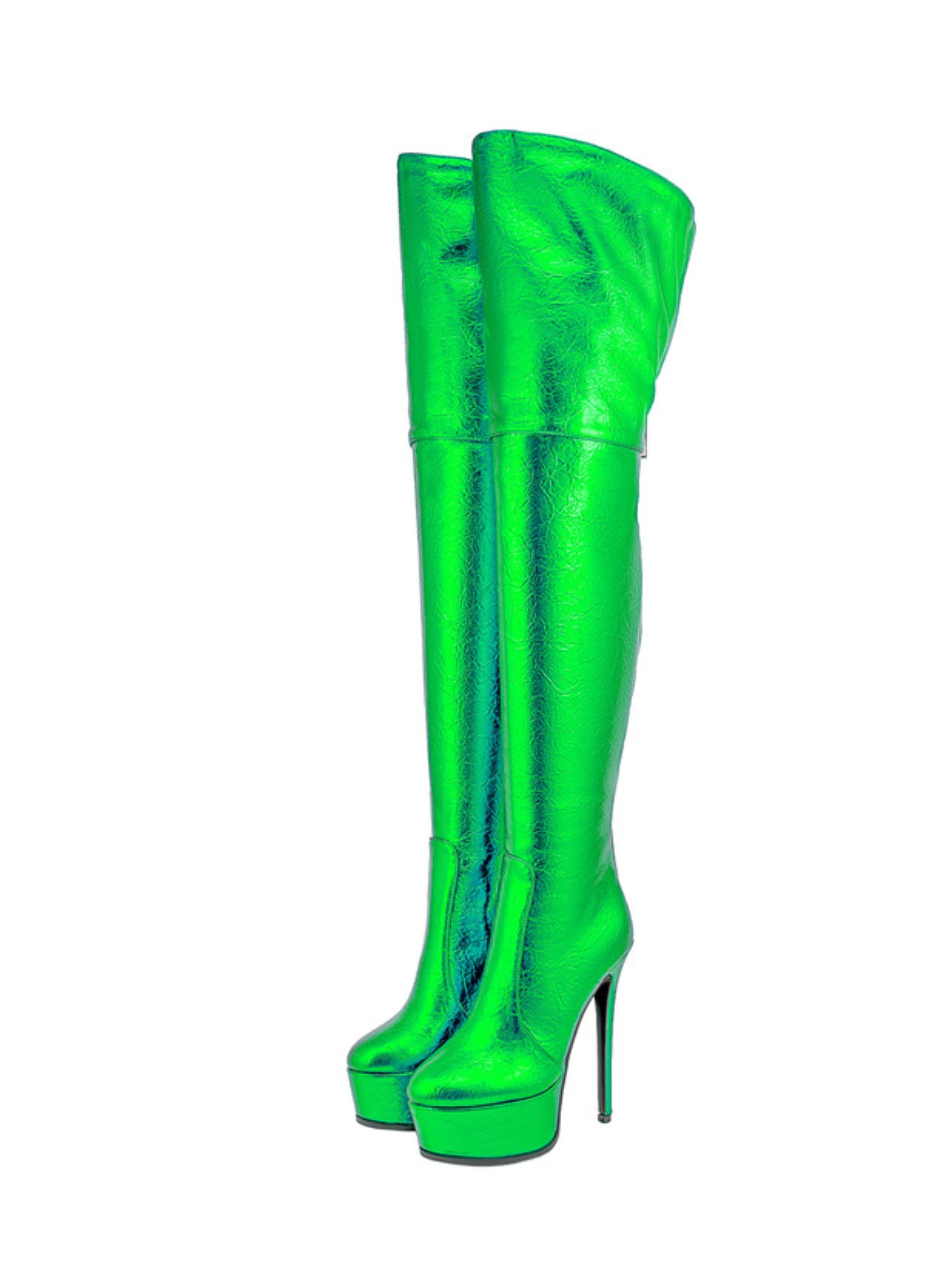 Metallic Green Platform High Heel Over-The-Knee Boots