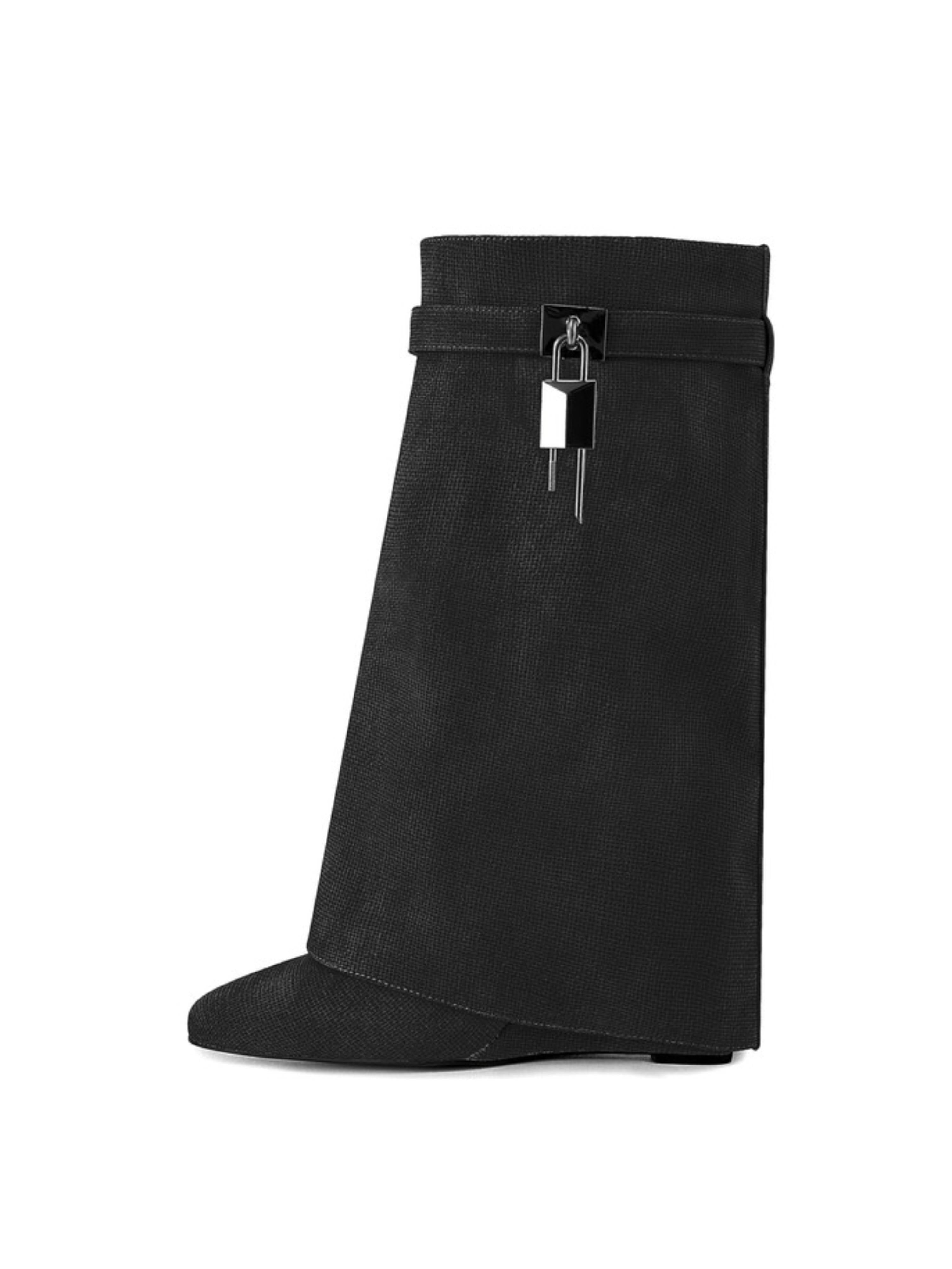 Black Fold Over Mid-Calf Lock Decor Wedge Boots