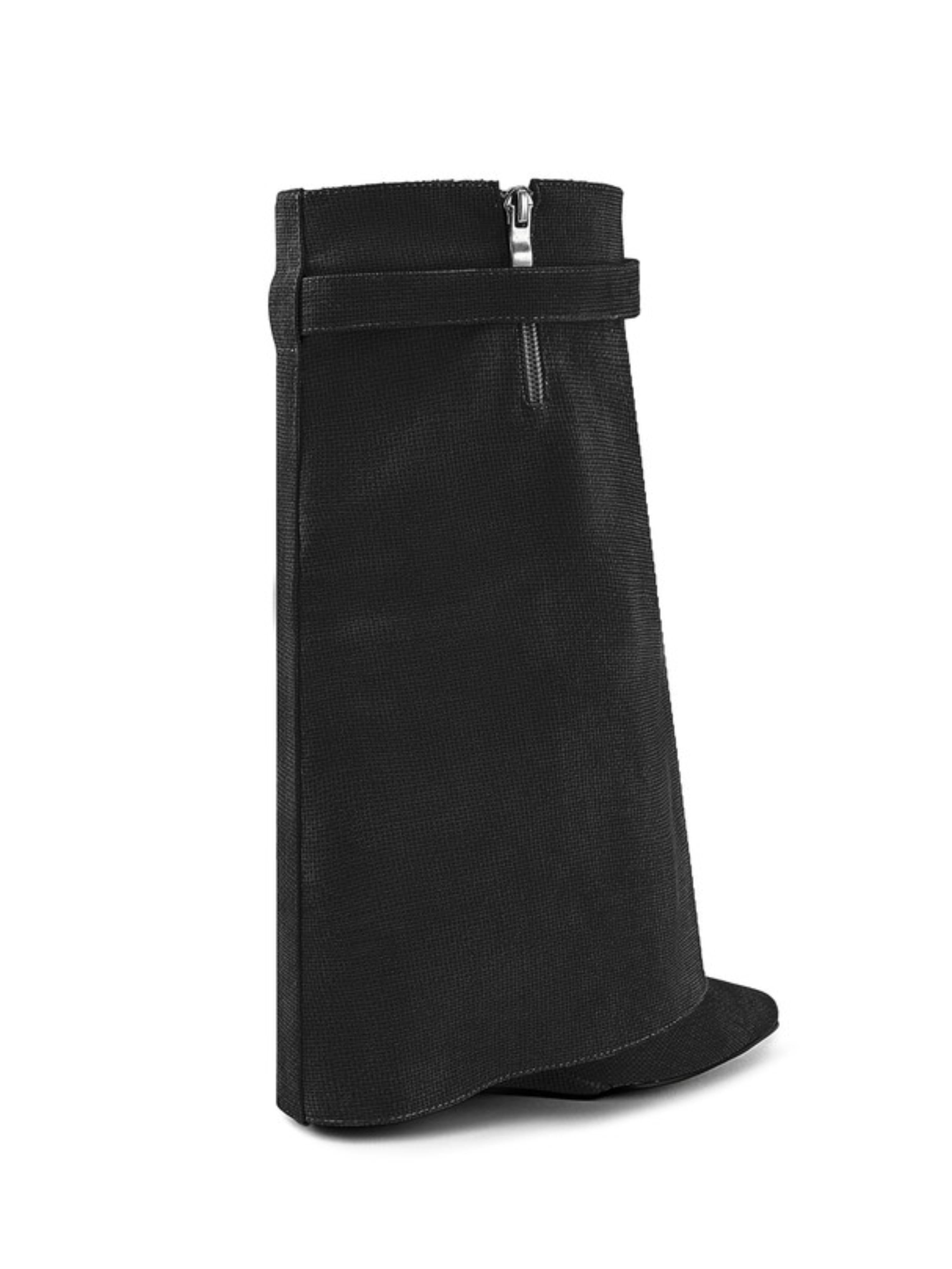 Black Fold Over Mid-Calf Lock Decor Wedge Boots
