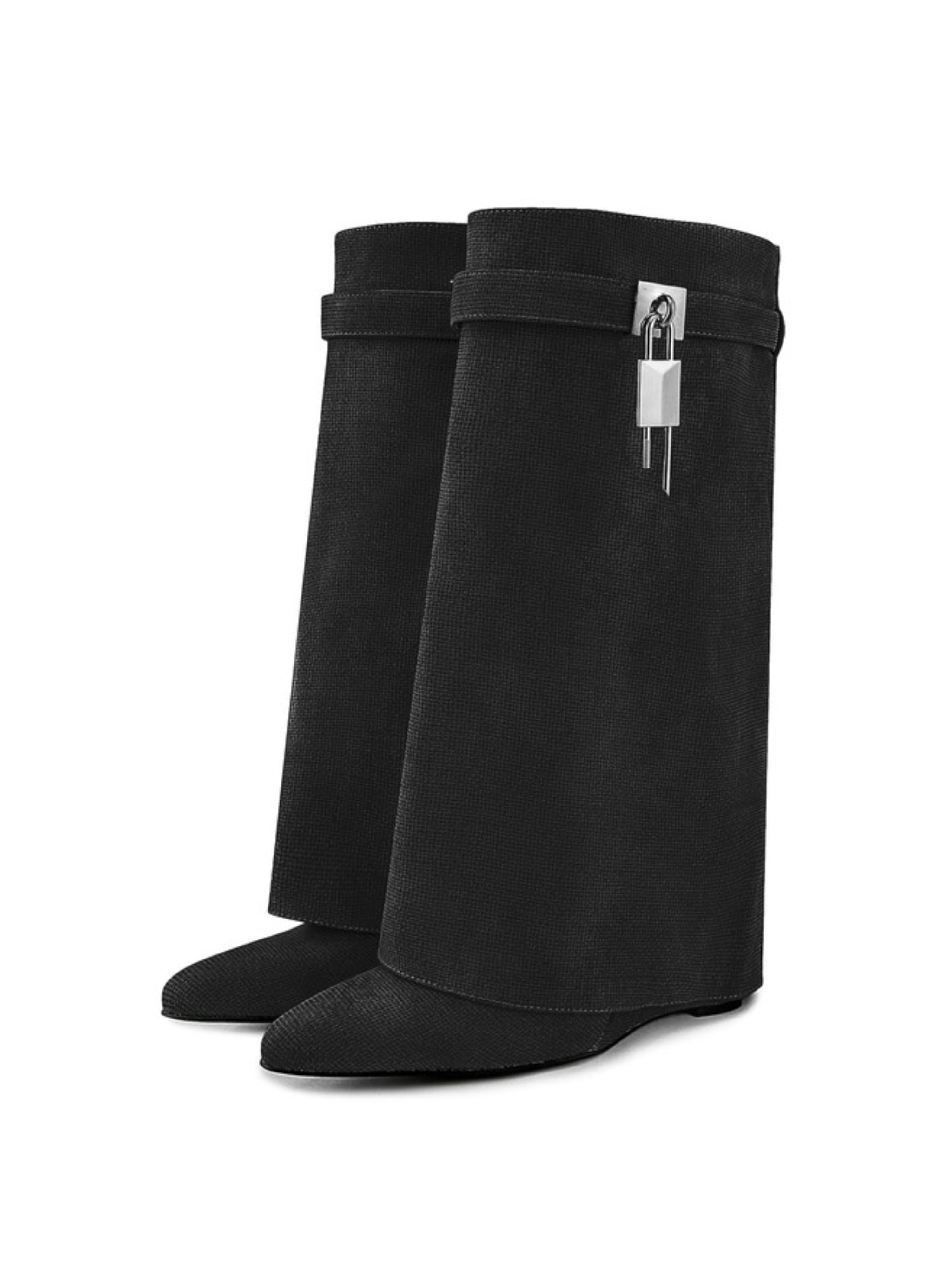 Black Fold Over Mid-Calf Lock Decor Wedge Boots