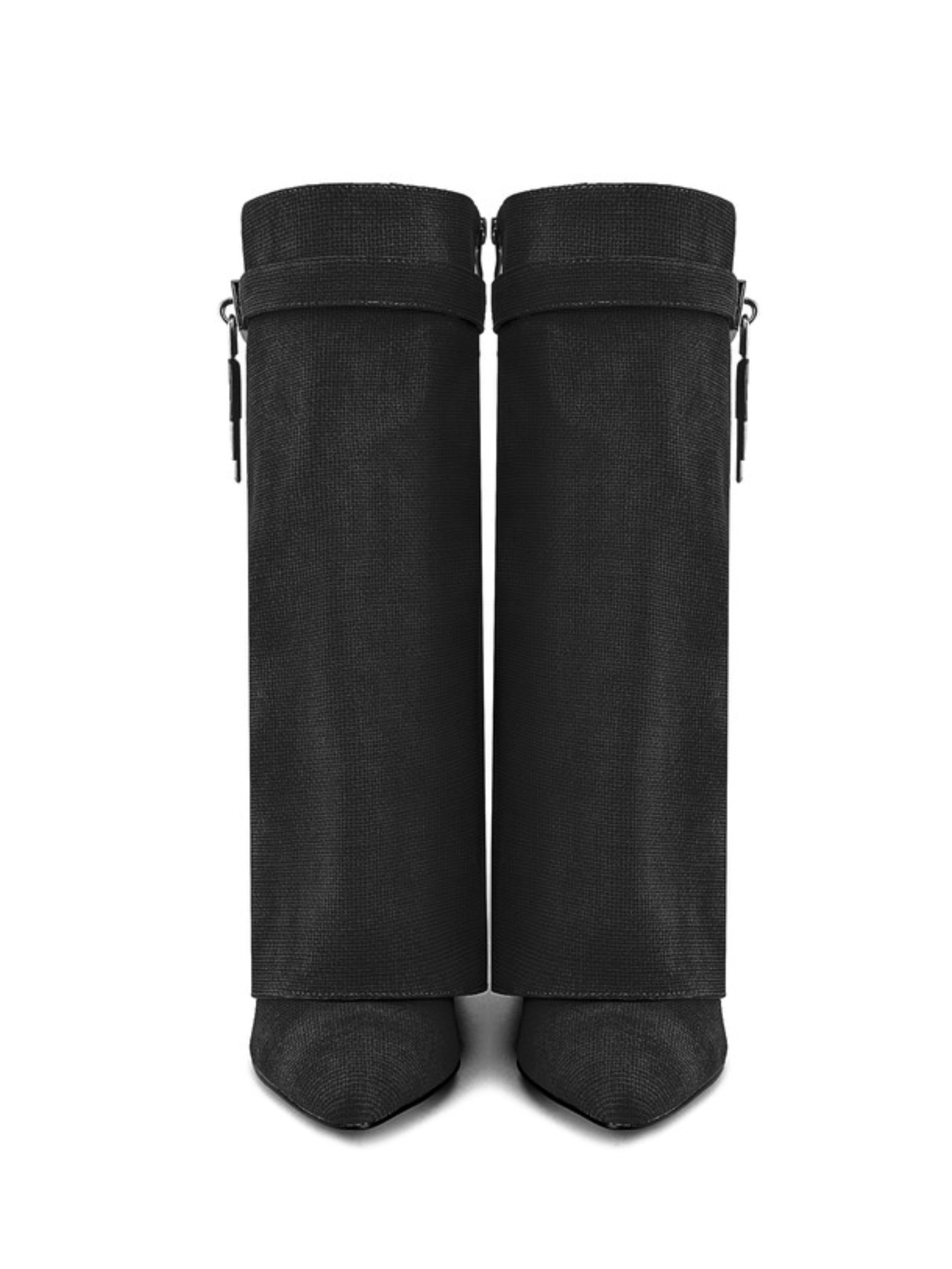 Black Fold Over Mid-Calf Lock Decor Wedge Boots