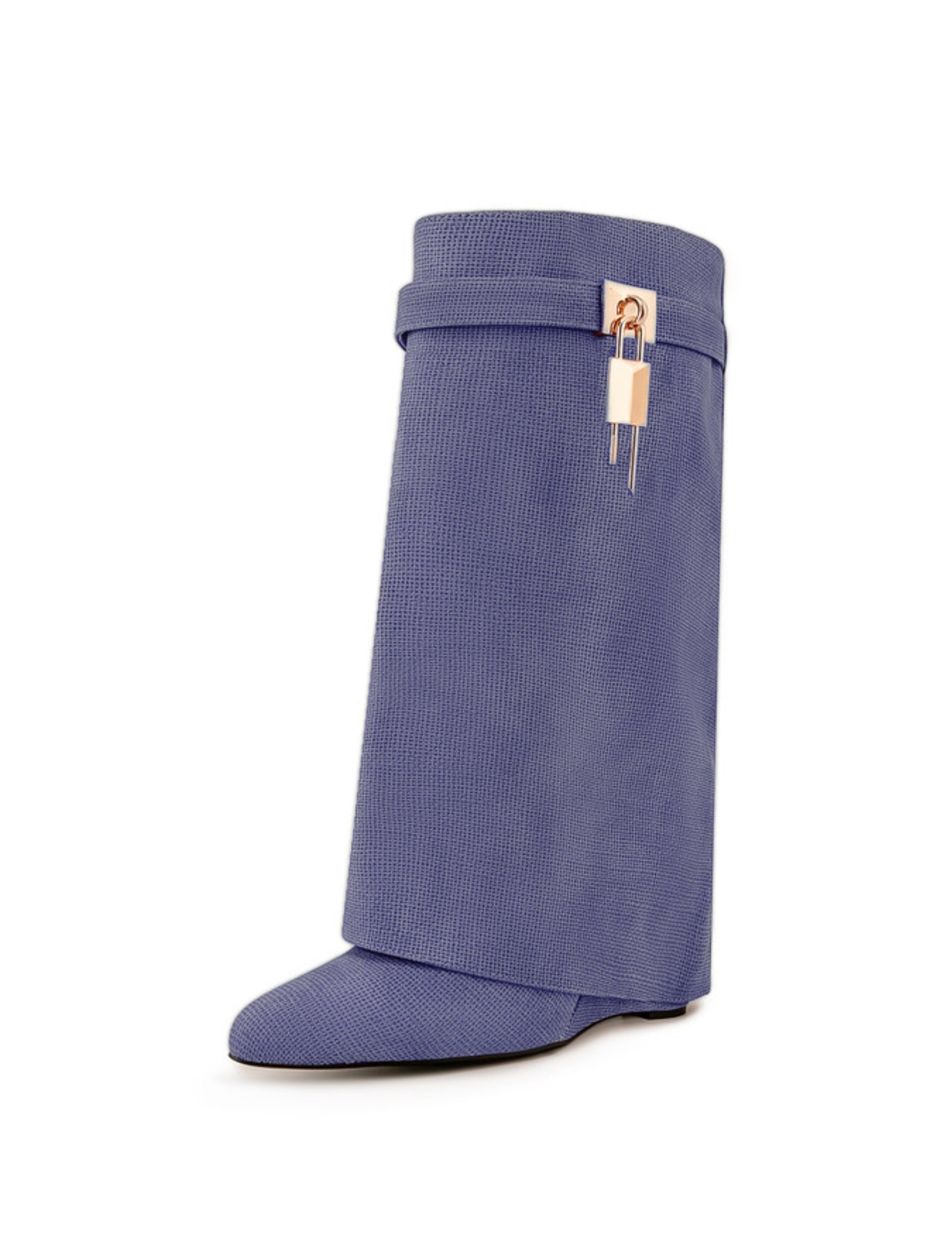 Blue Pointed Toe Lock Mid-Calf Fold Over Boots for Women