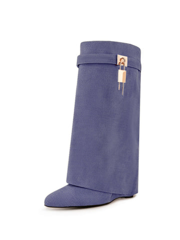 Blue Pointed Toe Lock Mid-Calf Fold Over Boots for Women