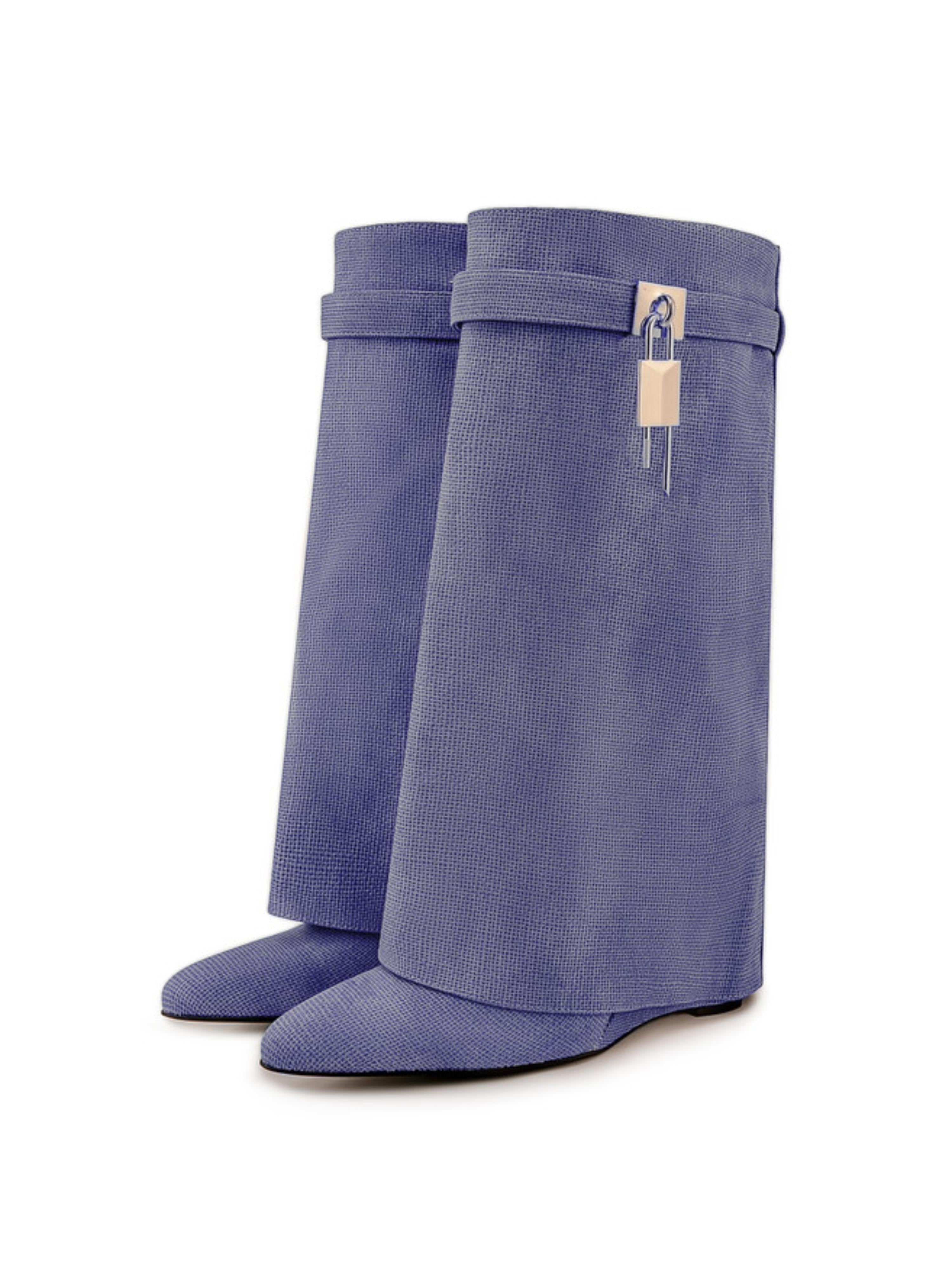 Blue Pointed Toe Lock Mid-Calf Fold Over Boots for Women