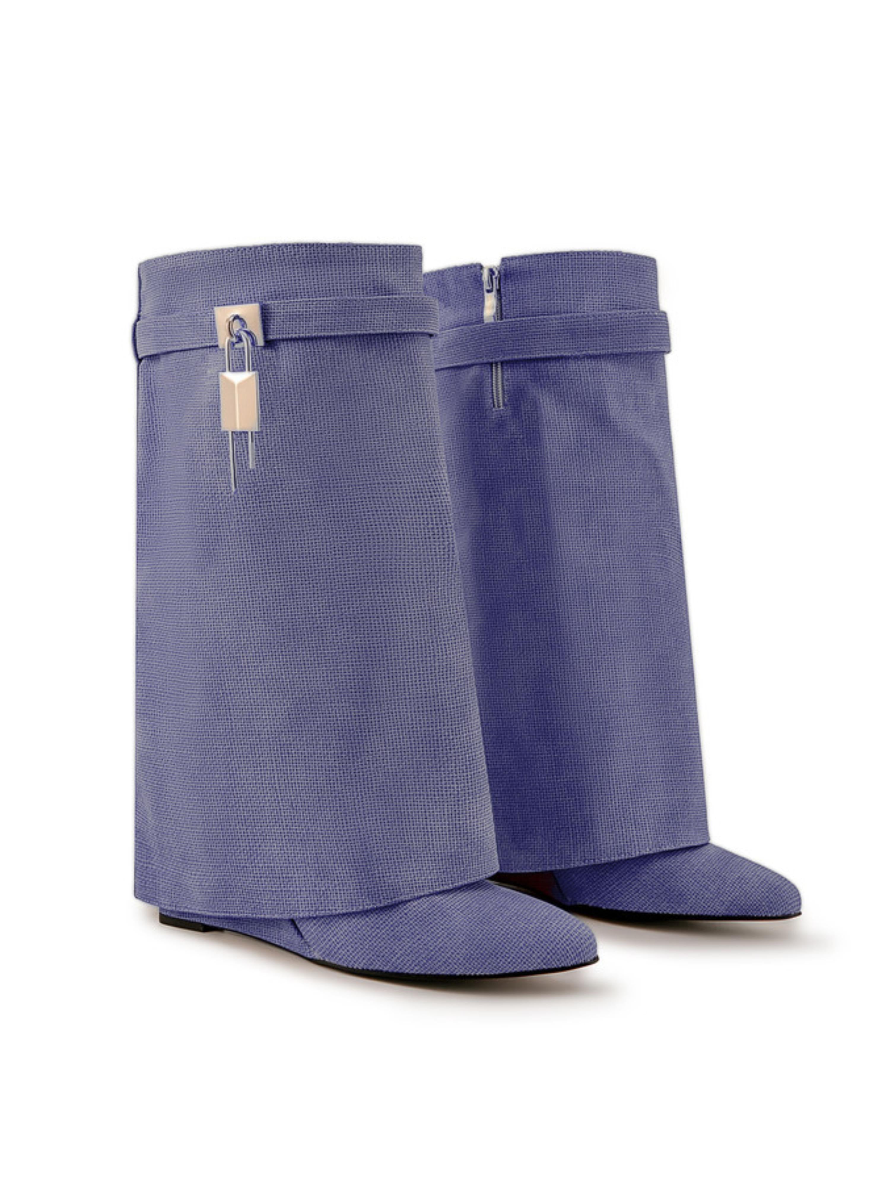 Blue Pointed Toe Lock Mid-Calf Fold Over Boots for Women