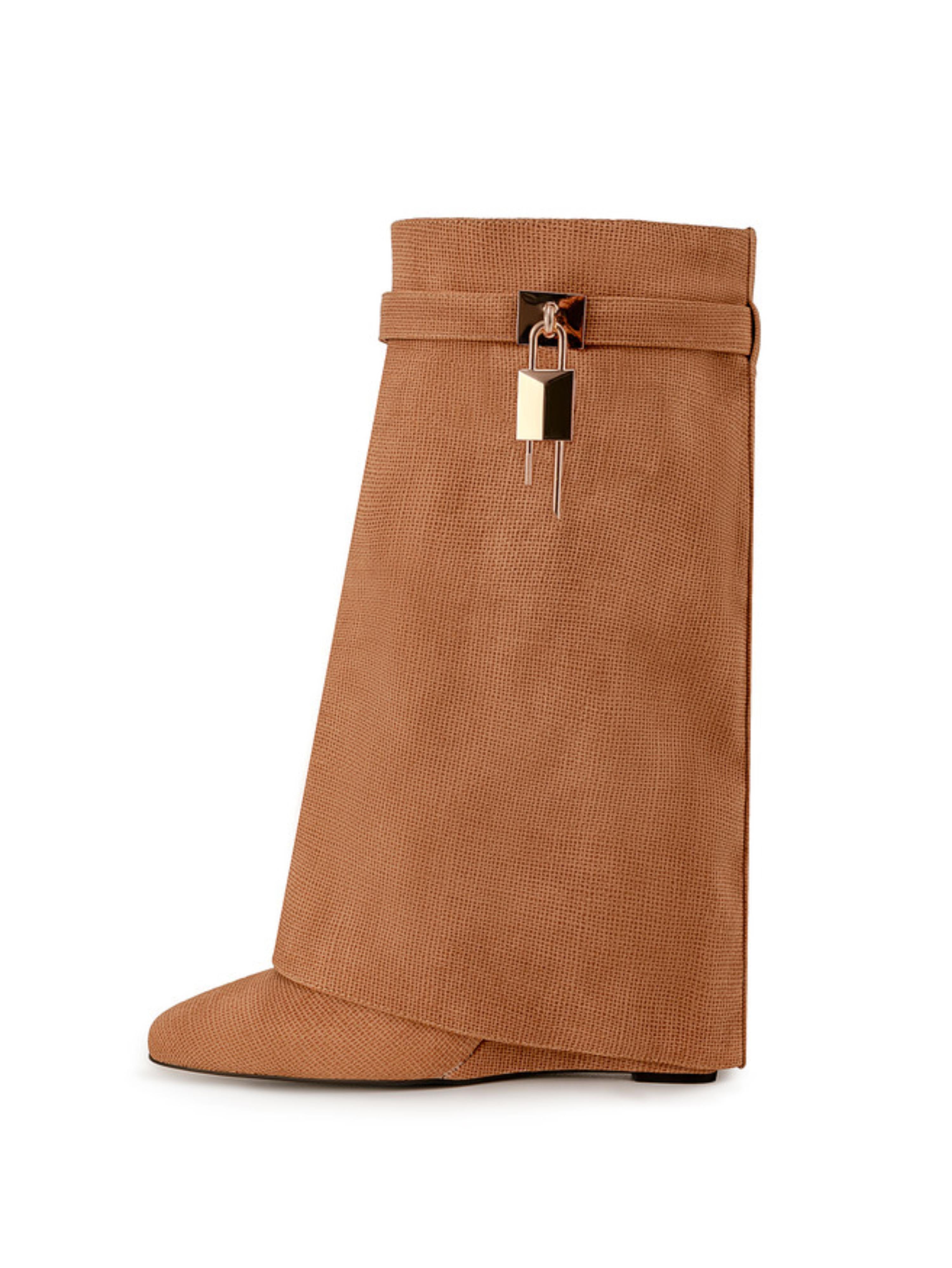 Brown Faux Leather High-Heel Mid-Calf Wedge Boots