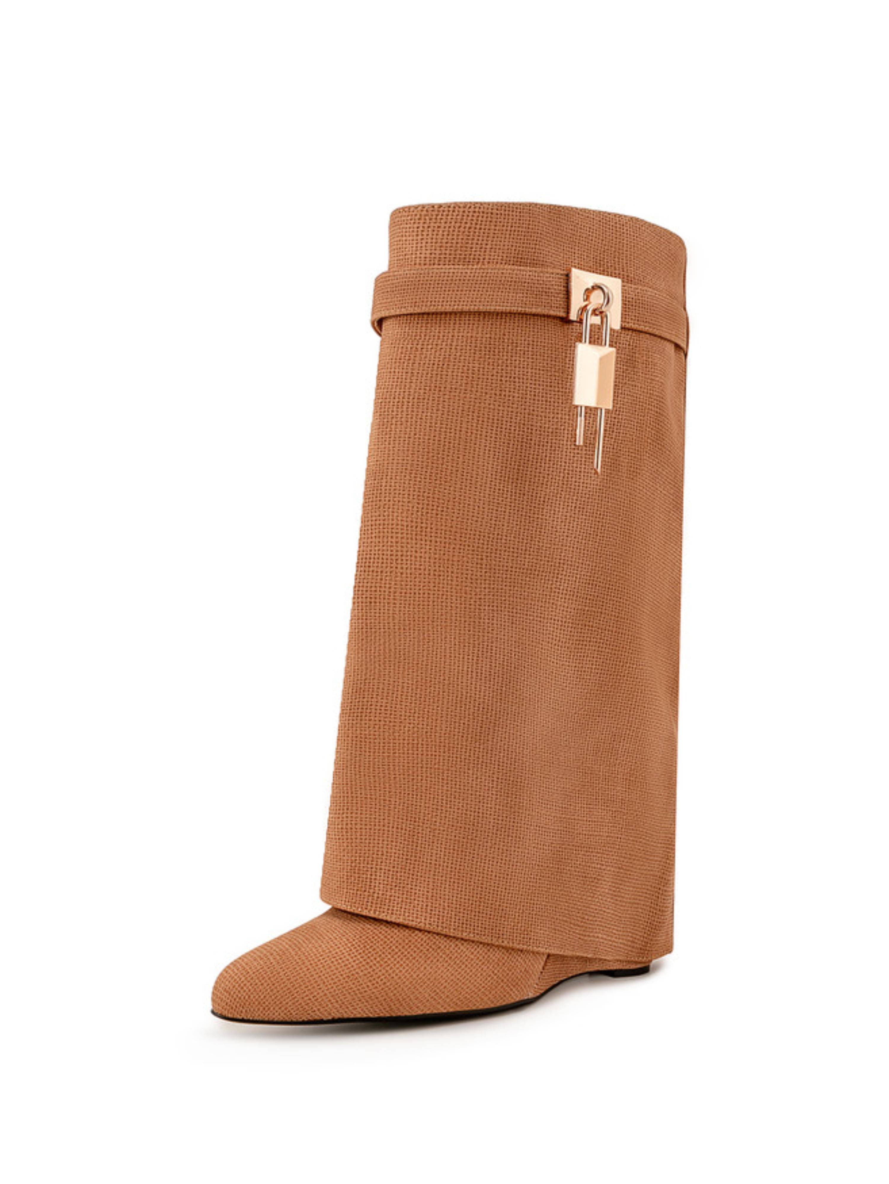 Brown Faux Leather High-Heel Mid-Calf Wedge Boots