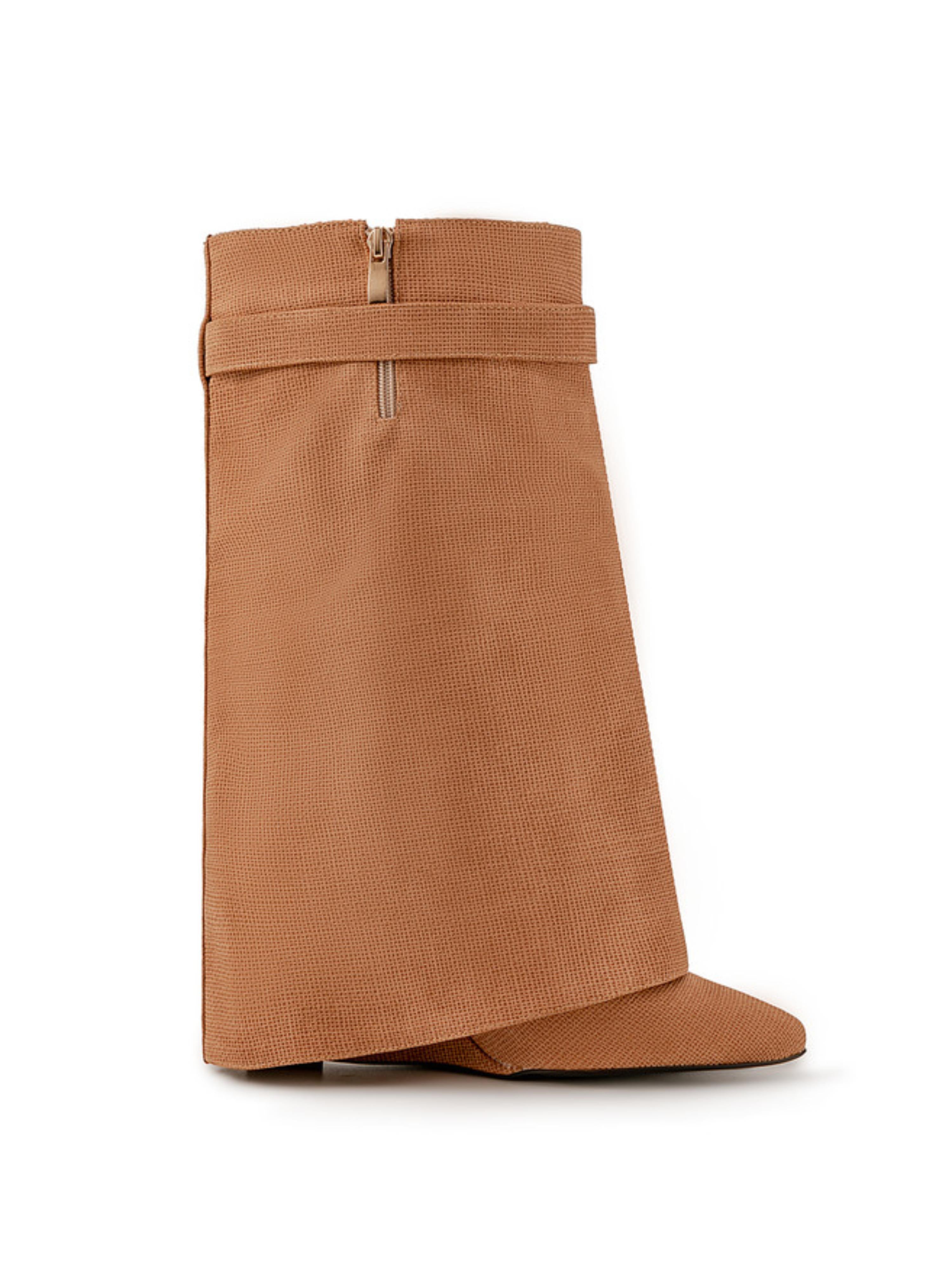 Brown Faux Leather High-Heel Mid-Calf Wedge Boots