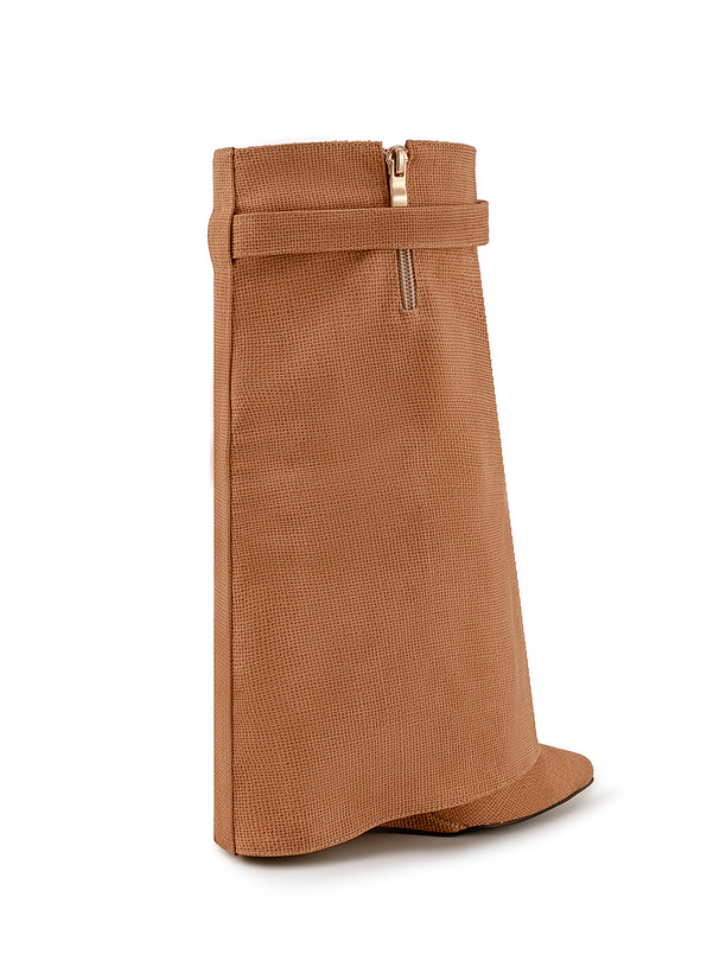 Brown Faux Leather High-Heel Mid-Calf Wedge Boots