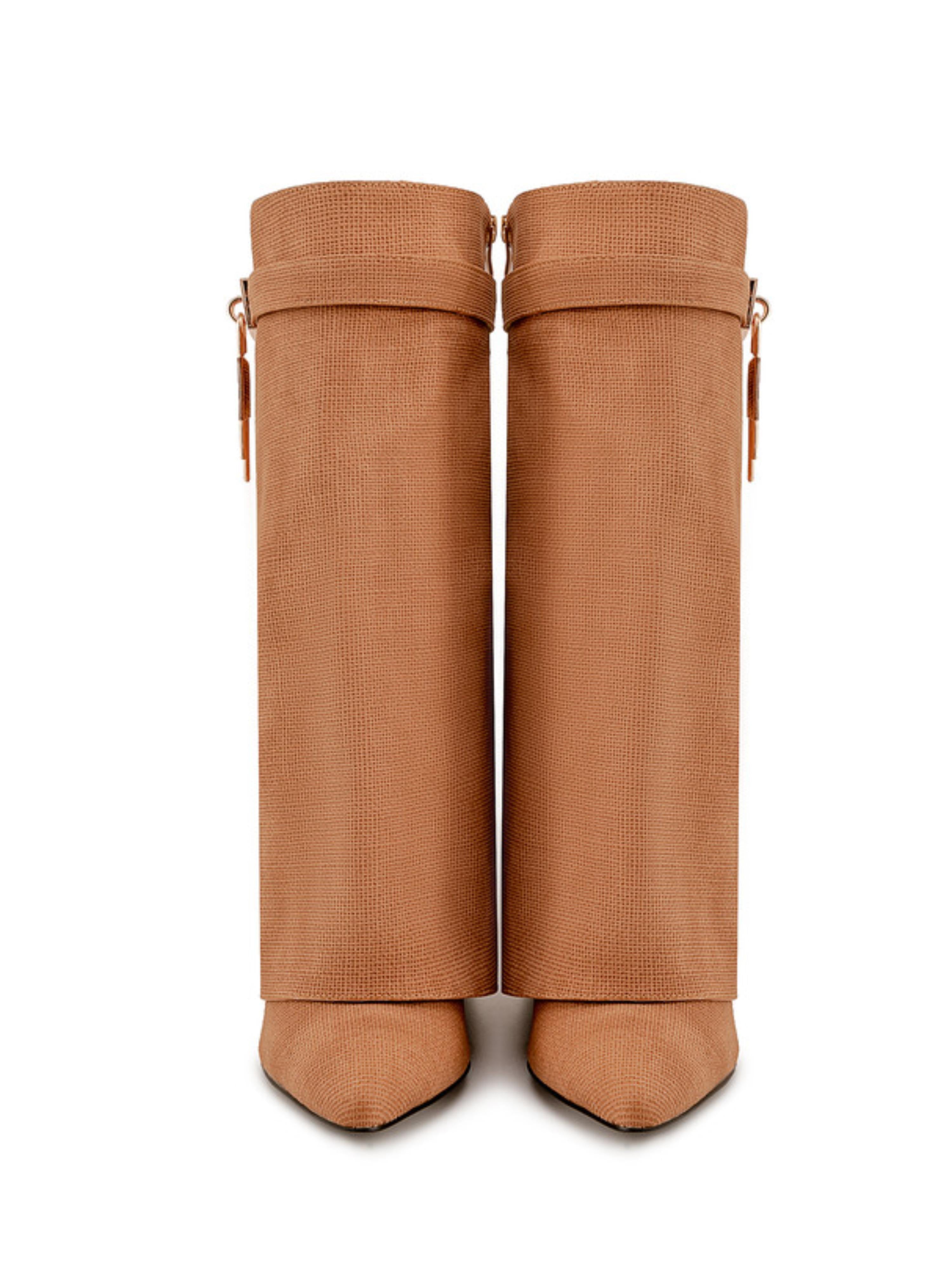 Brown Faux Leather High-Heel Mid-Calf Wedge Boots