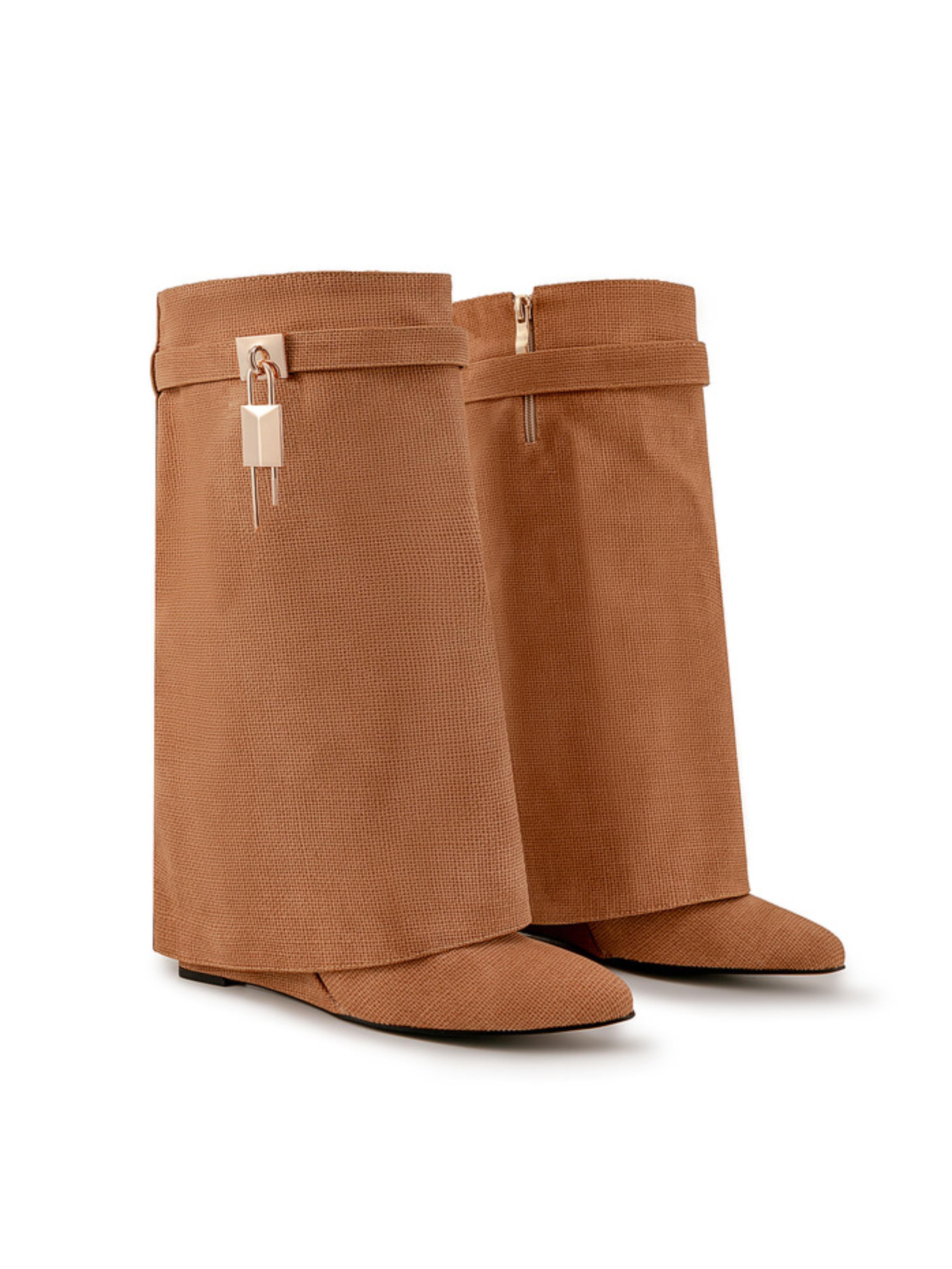 Brown Faux Leather High-Heel Mid-Calf Wedge Boots