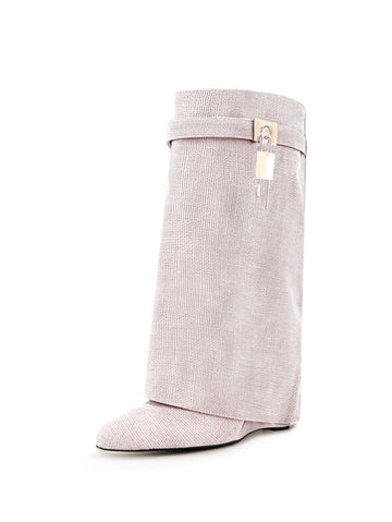 Ladies Chic Pink Lock Mid-Calf Fold Over Wedge Boots
