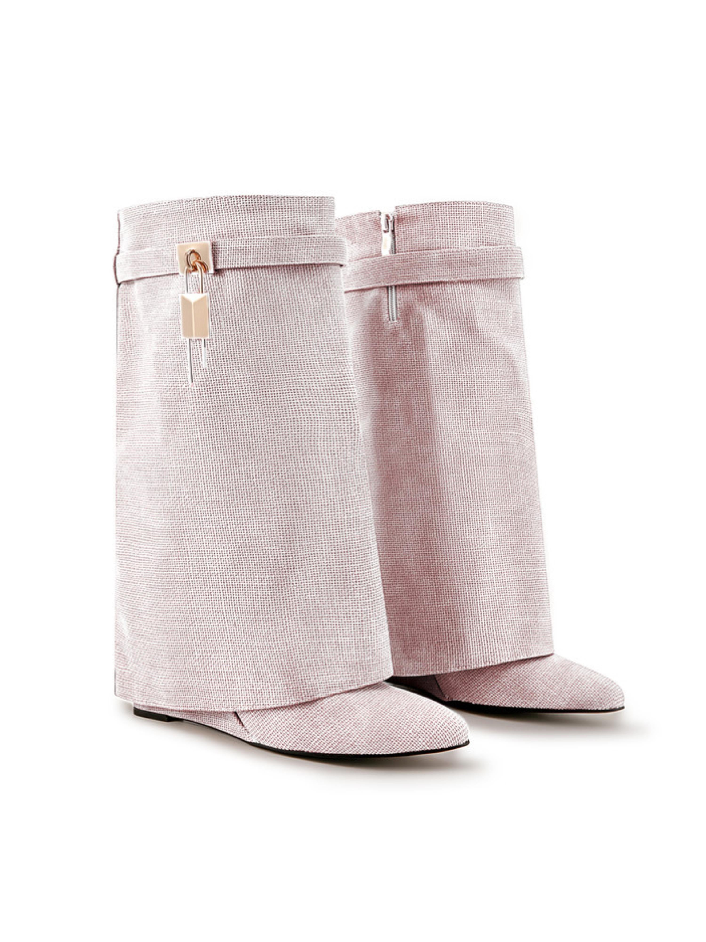 Ladies Chic Pink Lock Mid-Calf Fold Over Wedge Boots